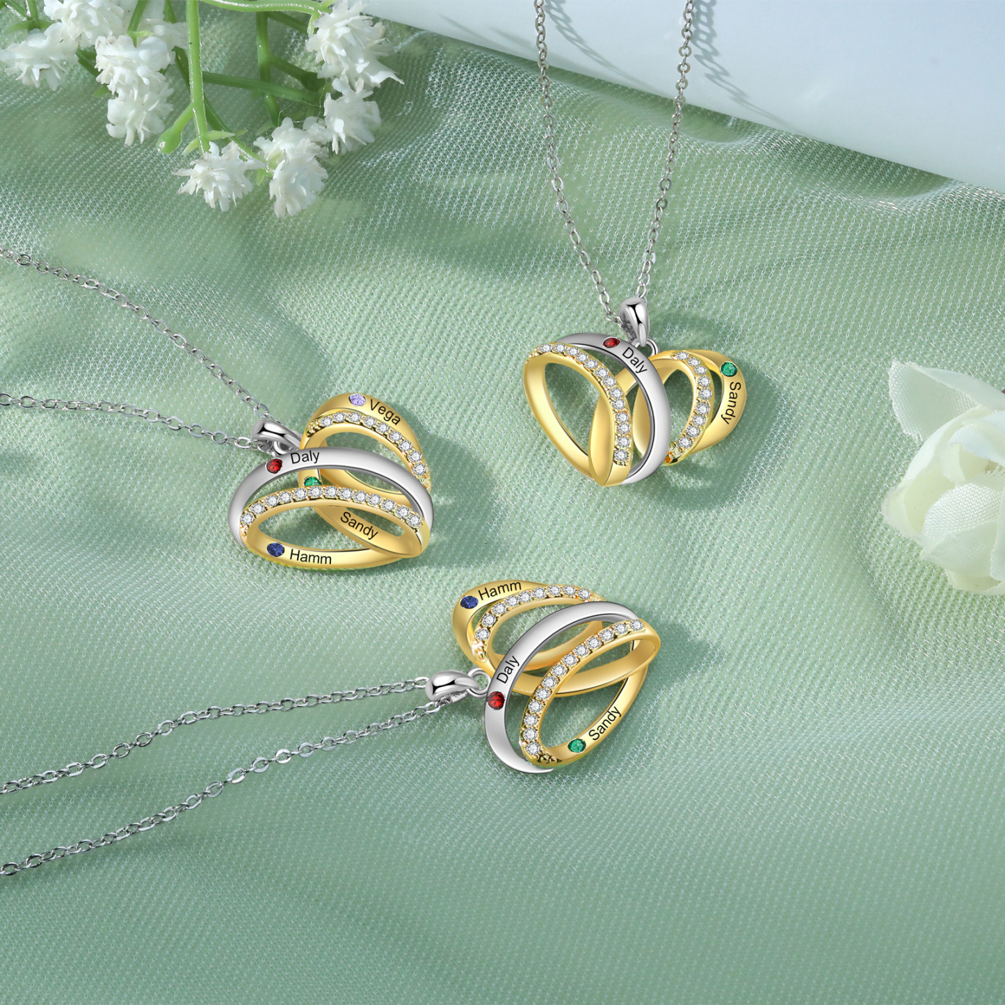 Personalised Two-Tone Heart Necklace Customized With 3 Names and 3 Birthstones for Nan | Jessmade