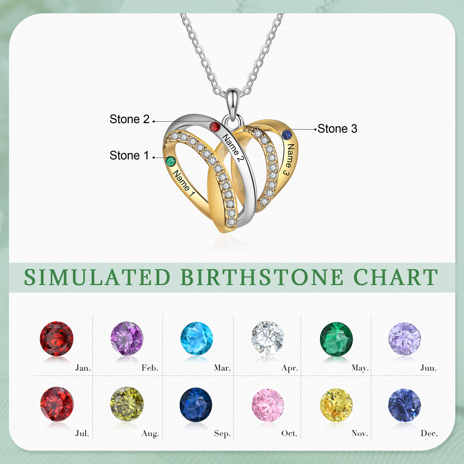 Personalised Two-Tone Heart Necklace Customized With 3 Names and 3 Birthstones for Nan | Jessmade