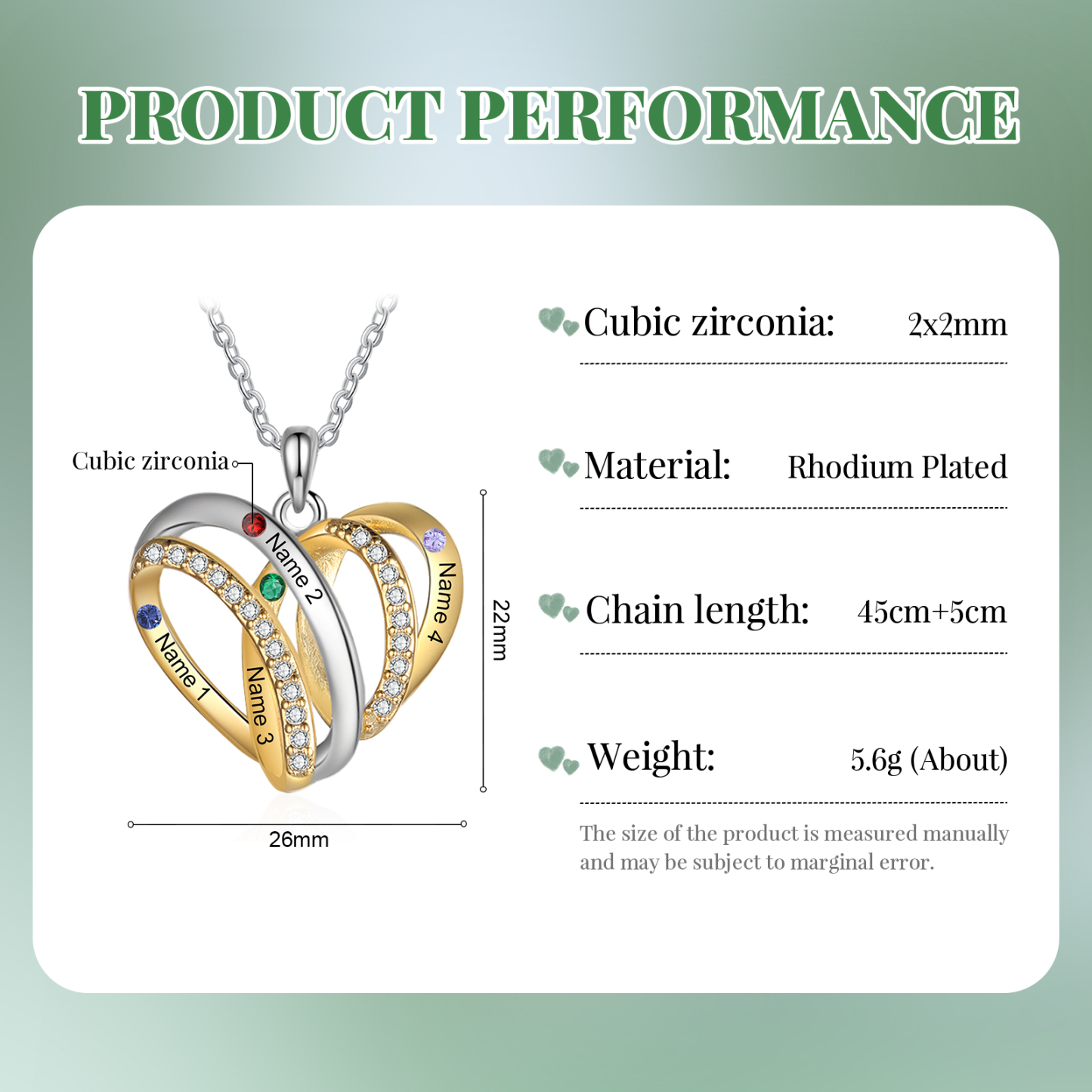 Personalised Two-Tone Heart Necklace Customized With 4 Names and 4 Birthstones for Nan | Jessmade