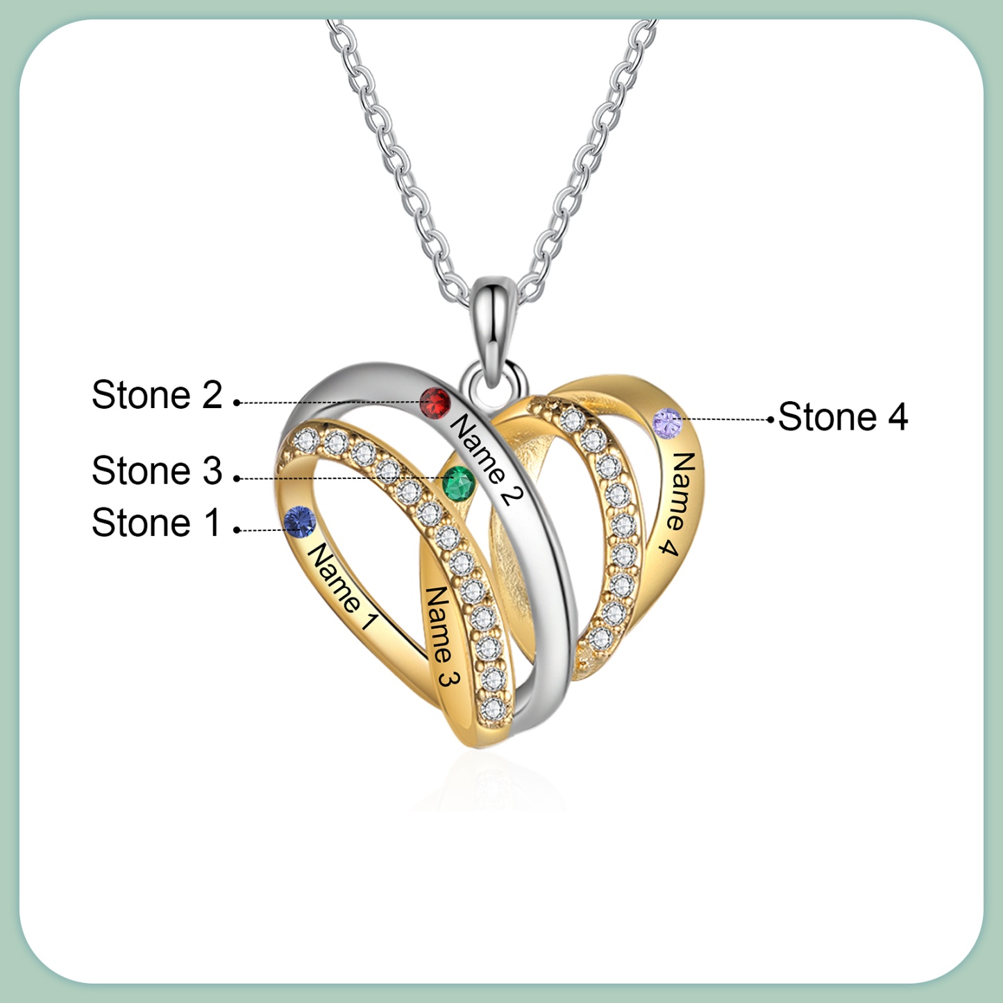 Personalised Two-Tone Heart Necklace Customized With 4 Names and 4 Birthstones for Nan | Jessmade