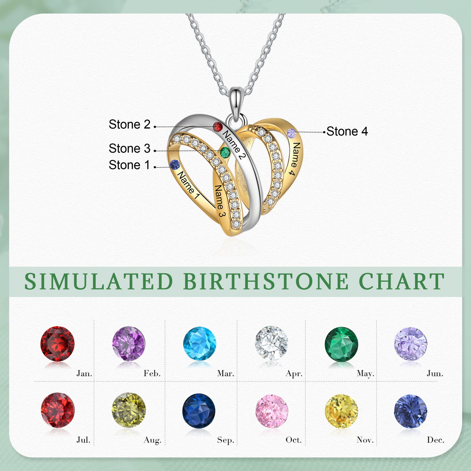 Personalised Two-Tone Heart Necklace Customized With 4 Names and 4 Birthstones for Nan | Jessmade