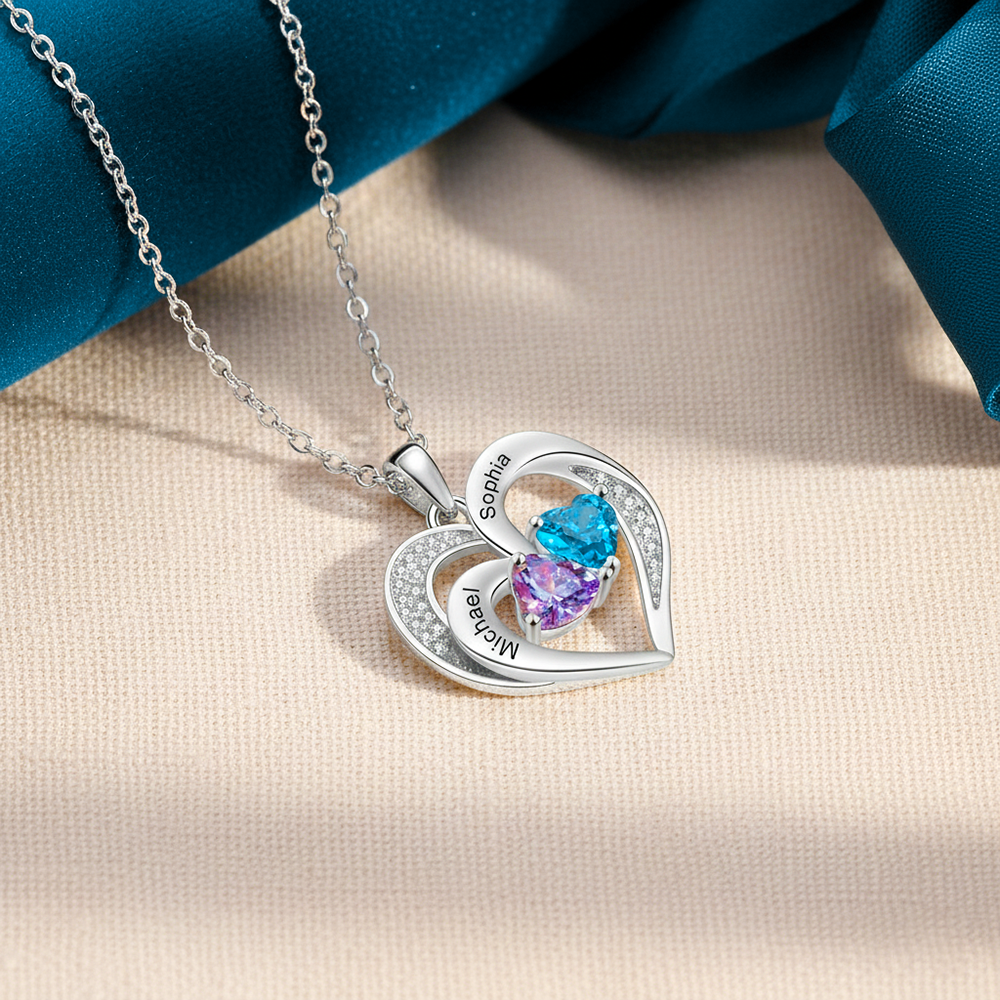 Personalized Jewelry Custom Heart-shaped Necklace With 2 Names and 2 Birthstones for Grandma | Jessemade