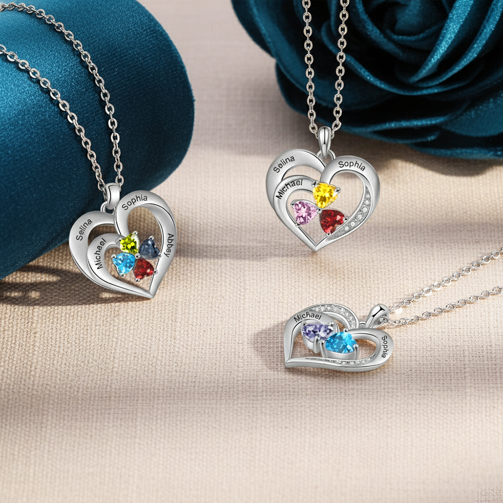 Personalized Jewelry Custom Heart-shaped Necklace With 2 Names and 2 Birthstones for Grandma | Jessemade