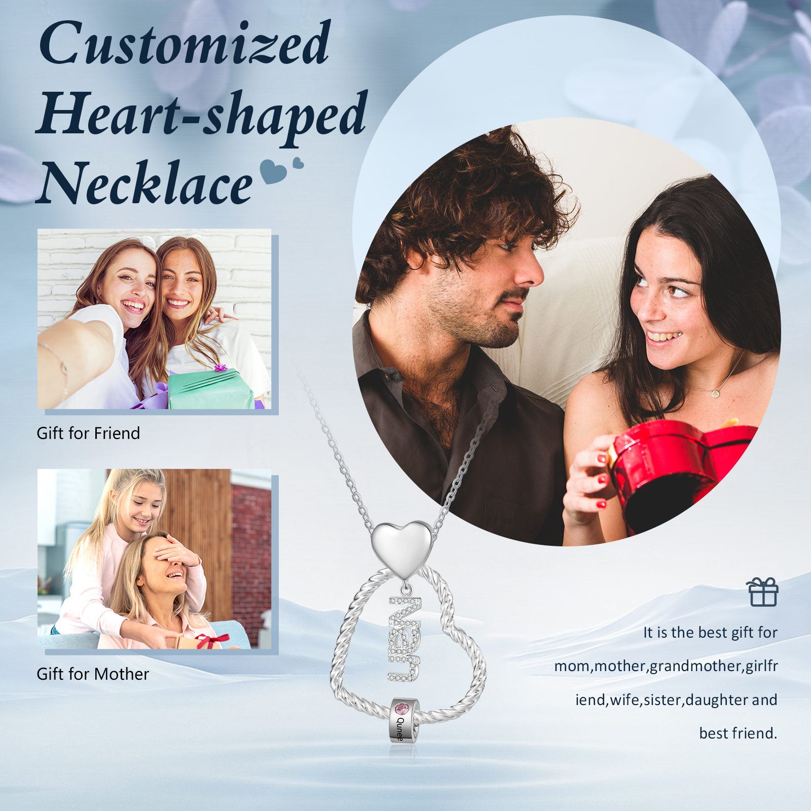 Personalised Heart Shaped Nan Necklace Customized With 1 Name and 1 Birthstone Pendant Necklace Gift for Nan | Jessmade