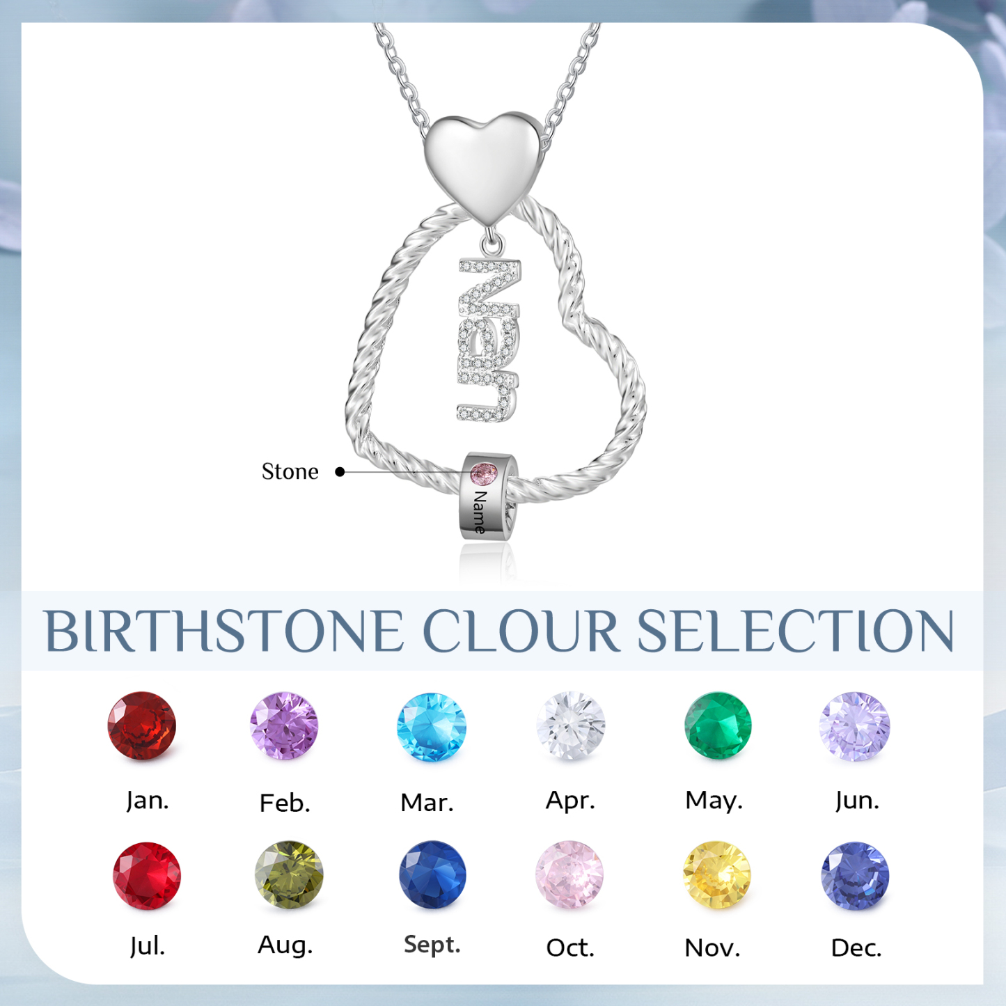 Personalised Heart Shaped Nan Necklace Customized With 1 Name and 1 Birthstone Pendant Necklace Gift for Nan | Jessmade