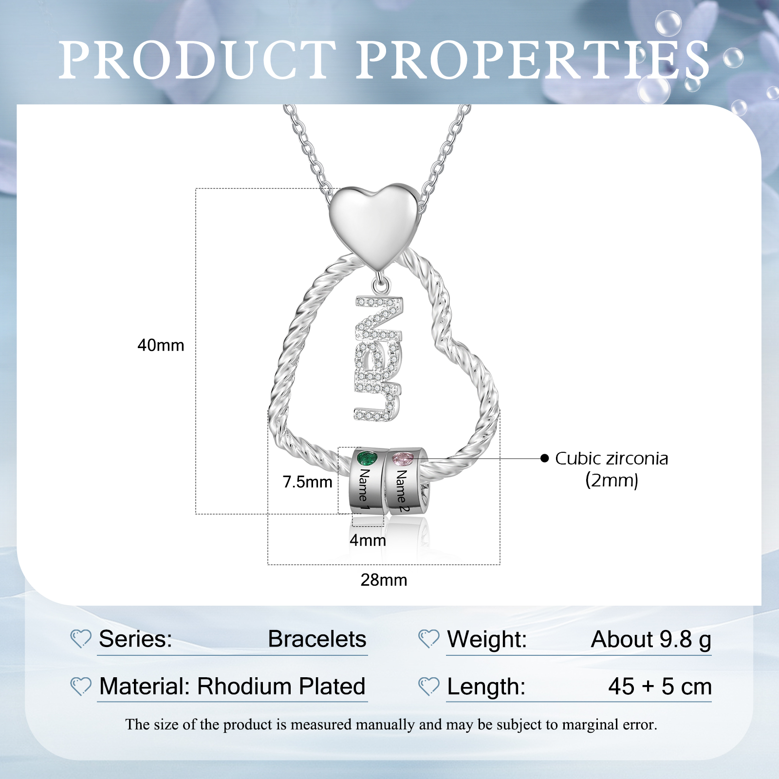 Personalised Heart Shaped Nan Necklace Customized With 2 Names and 2 Birthstones Pendant Necklace Gift for Nan | Jessmade