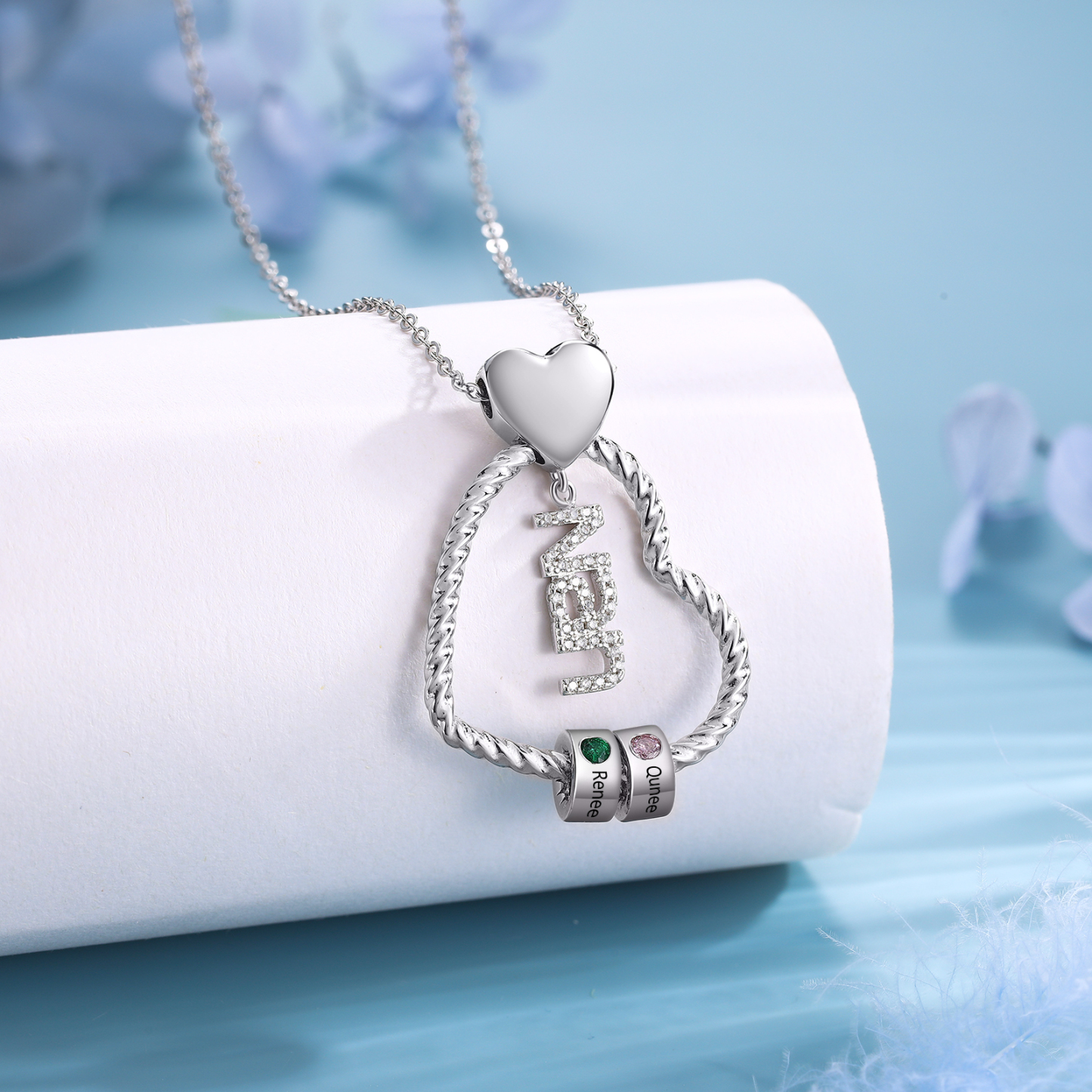 Personalised Heart Shaped Nan Necklace Customized With 2 Names and 2 Birthstones Pendant Necklace Gift for Nan | Jessmade