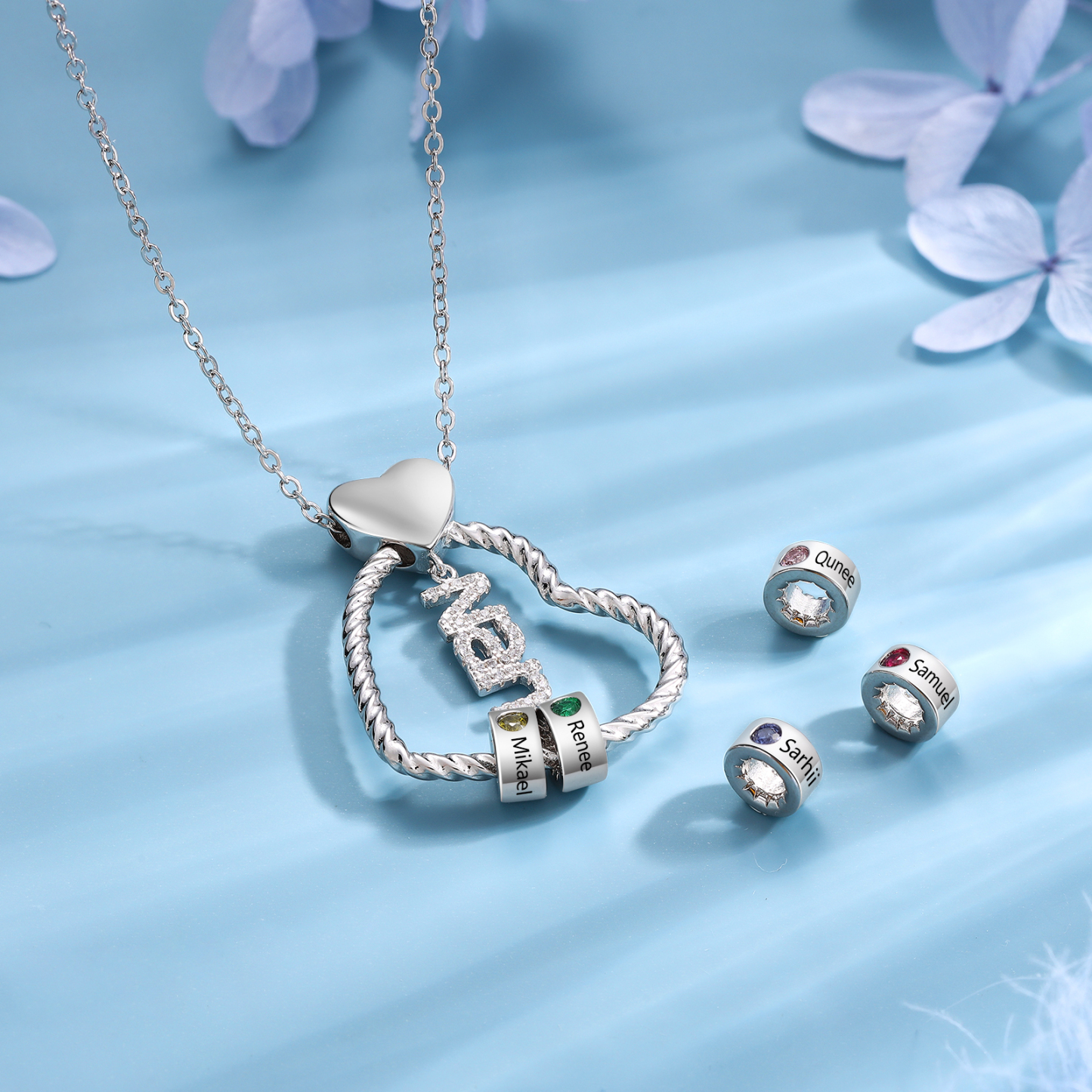 Personalised Heart Shaped Nan Necklace Customized With 5 Names and 5 Birthstones Pendant Necklace Gift for Nan | Jessmade