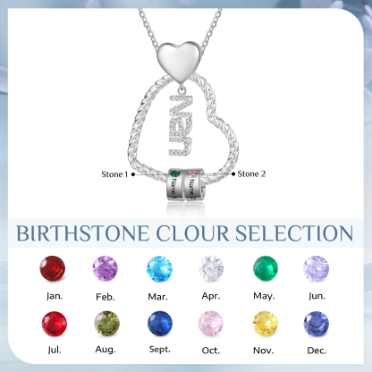 Personalised Heart Shaped Nan Necklace Customized With 2 Names and 2 Birthstones Pendant Necklace Gift for Nan | Jessmade