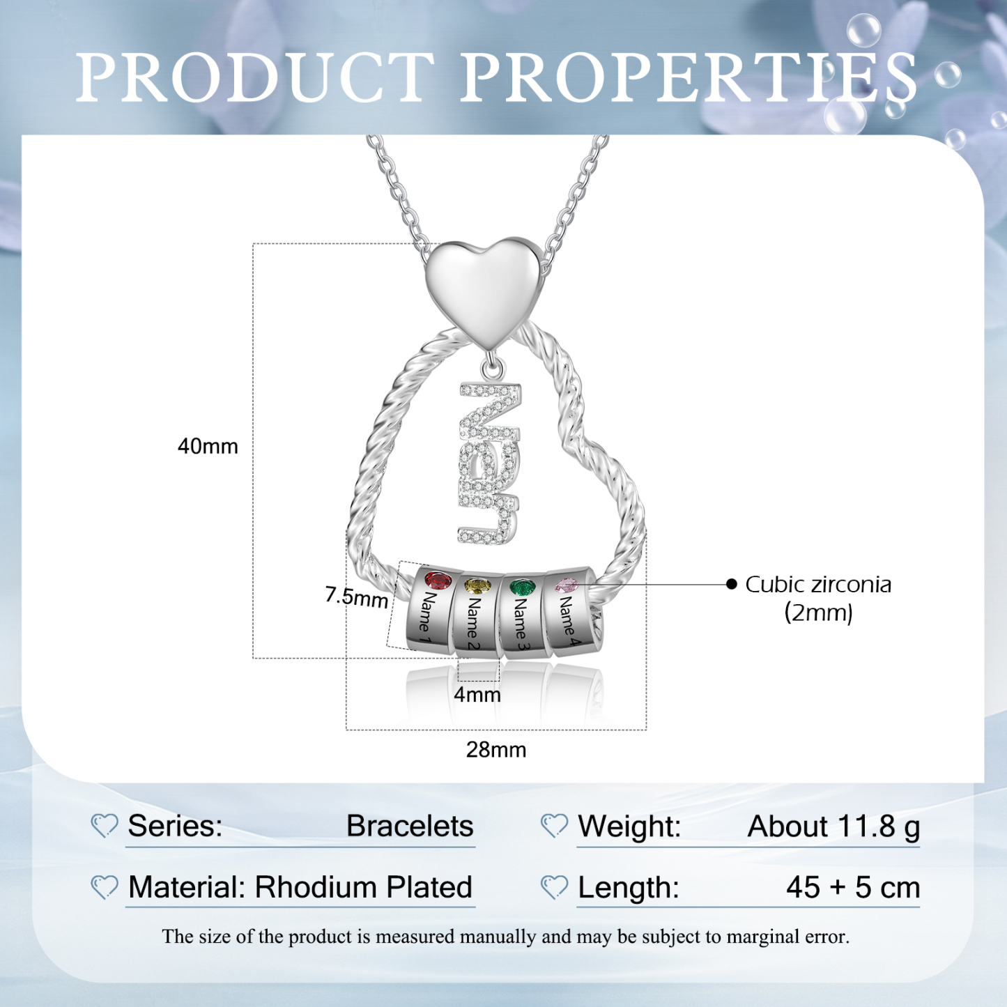 Personalised Heart Shaped Nan Necklace Customized With 4 Names and 4 Birthstones Pendant Necklace Gift for Nan | Jessmade