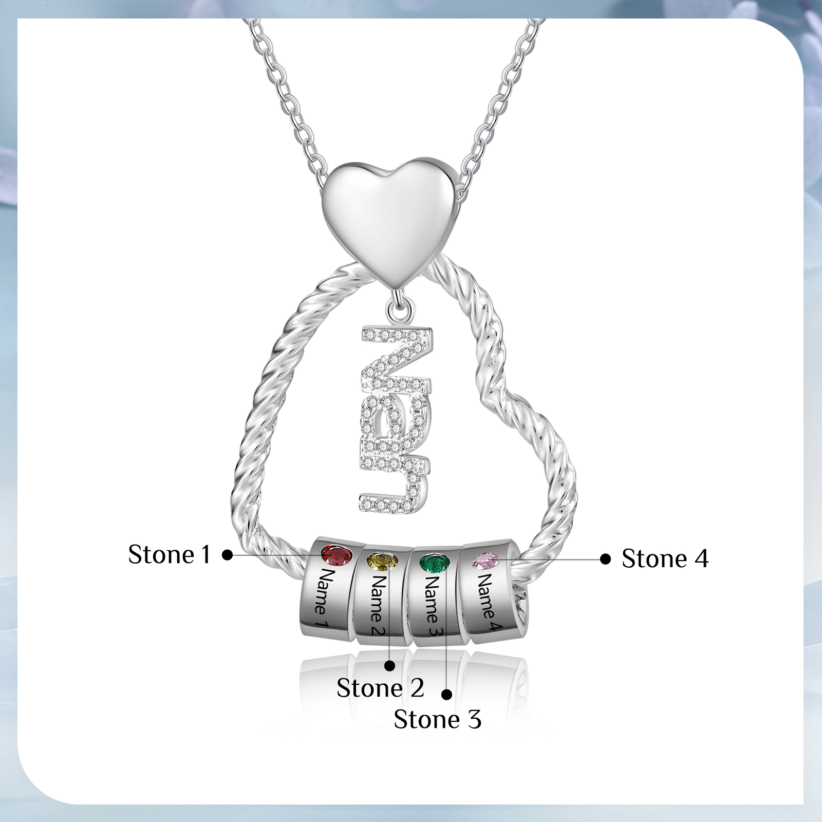 Personalised Heart Shaped Nan Necklace Customized With 4 Names and 4 Birthstones Pendant Necklace Gift for Nan | Jessmade