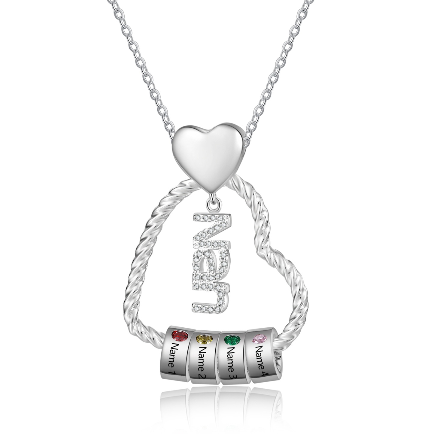 Personalised Heart Shaped Nan Necklace Customized With 4 Names and 4 Birthstones Pendant Necklace Gift for Nan | Jessmade