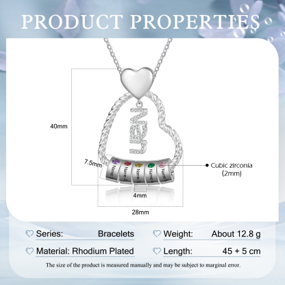 Personalised Heart Shaped Nan Necklace Customized With 5 Names and 5 Birthstones Pendant Necklace Gift for Nan | Jessmade