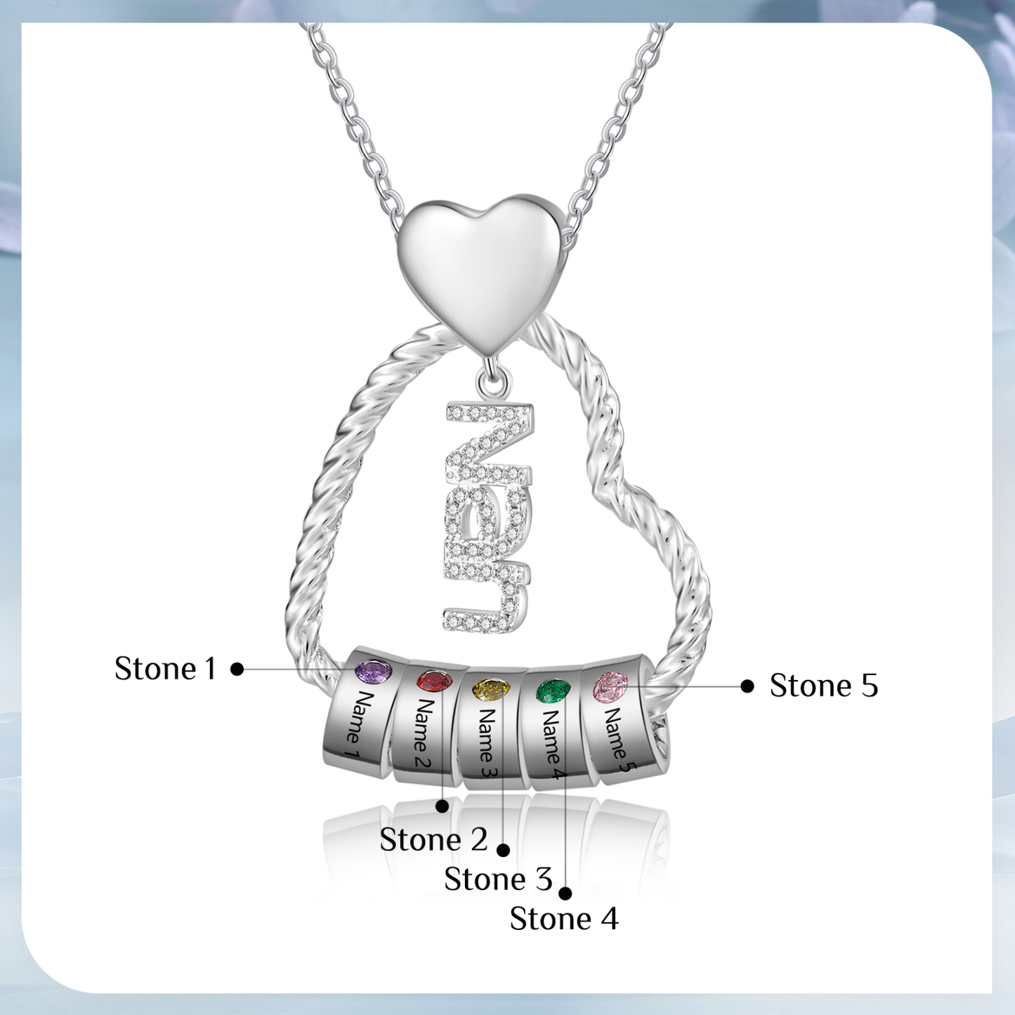 Personalised Heart Shaped Nan Necklace Customized With 5 Names and 5 Birthstones Pendant Necklace Gift for Nan | Jessmade