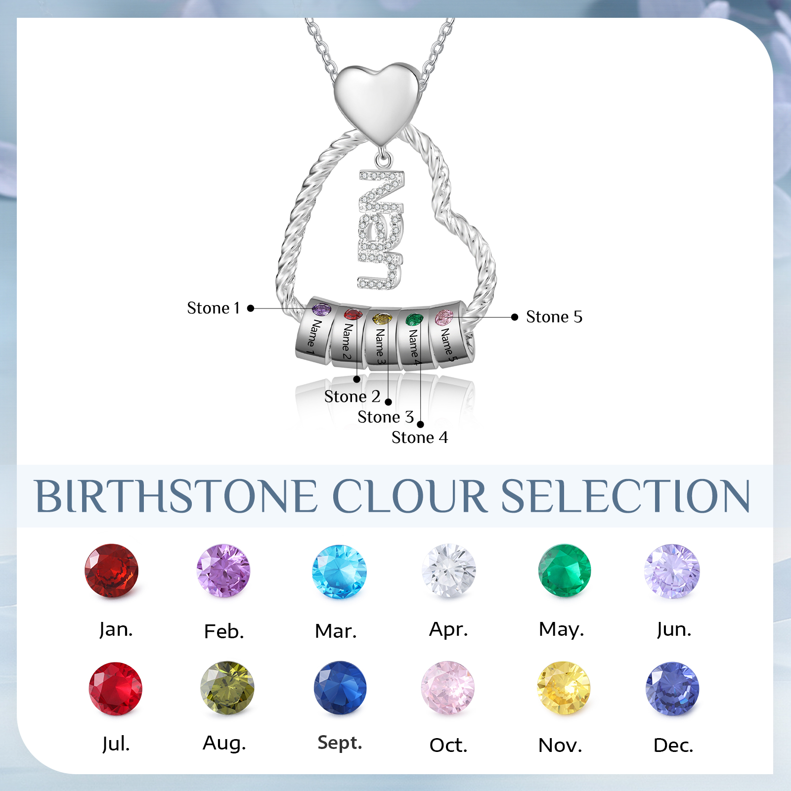 Personalised Heart Shaped Nan Necklace Customized With 5 Names and 5 Birthstones Pendant Necklace Gift for Nan | Jessmade