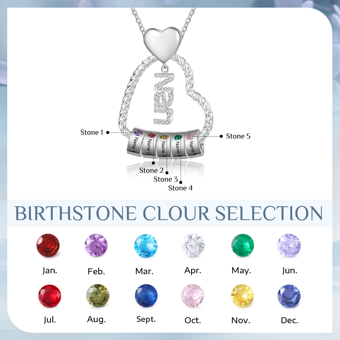 Personalised Heart Shaped Nan Necklace Customized With 5 Names and 5 Birthstones Pendant Necklace Gift for Nan | Jessmade
