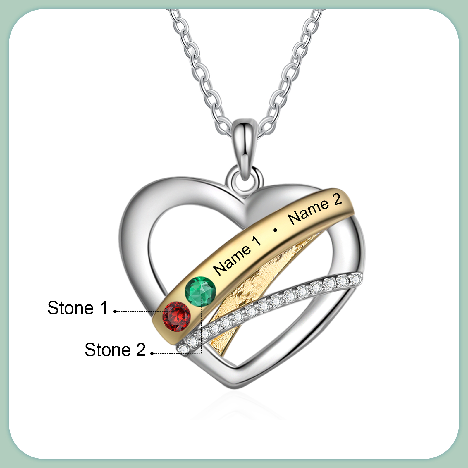 Personalised Heart Necklace Customized With 2 Birthstones and Engraved With 2 Names Jewelry Necklace for Nan | Jessmade