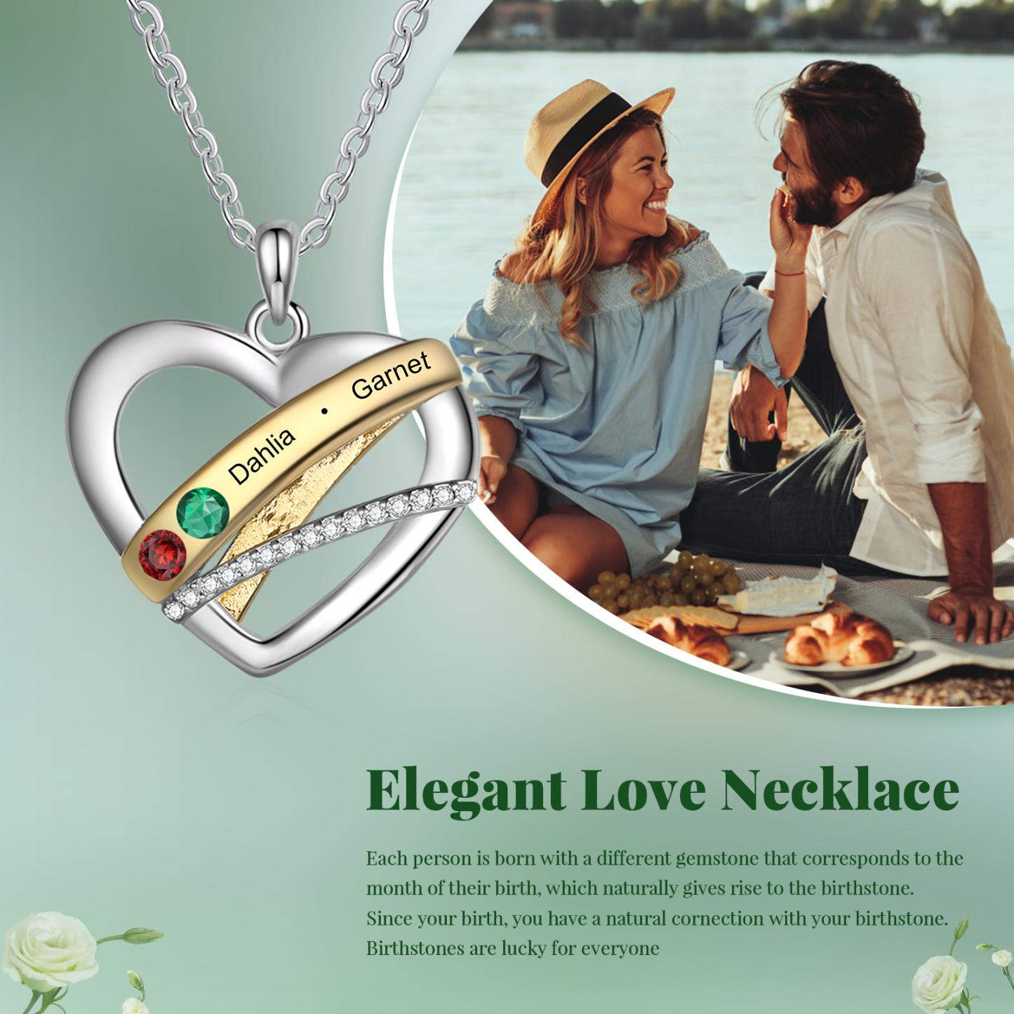 Personalised Heart Necklace Customized With 2 Birthstones and Engraved With 2 Names Jewelry Necklace for Nan | Jessmade