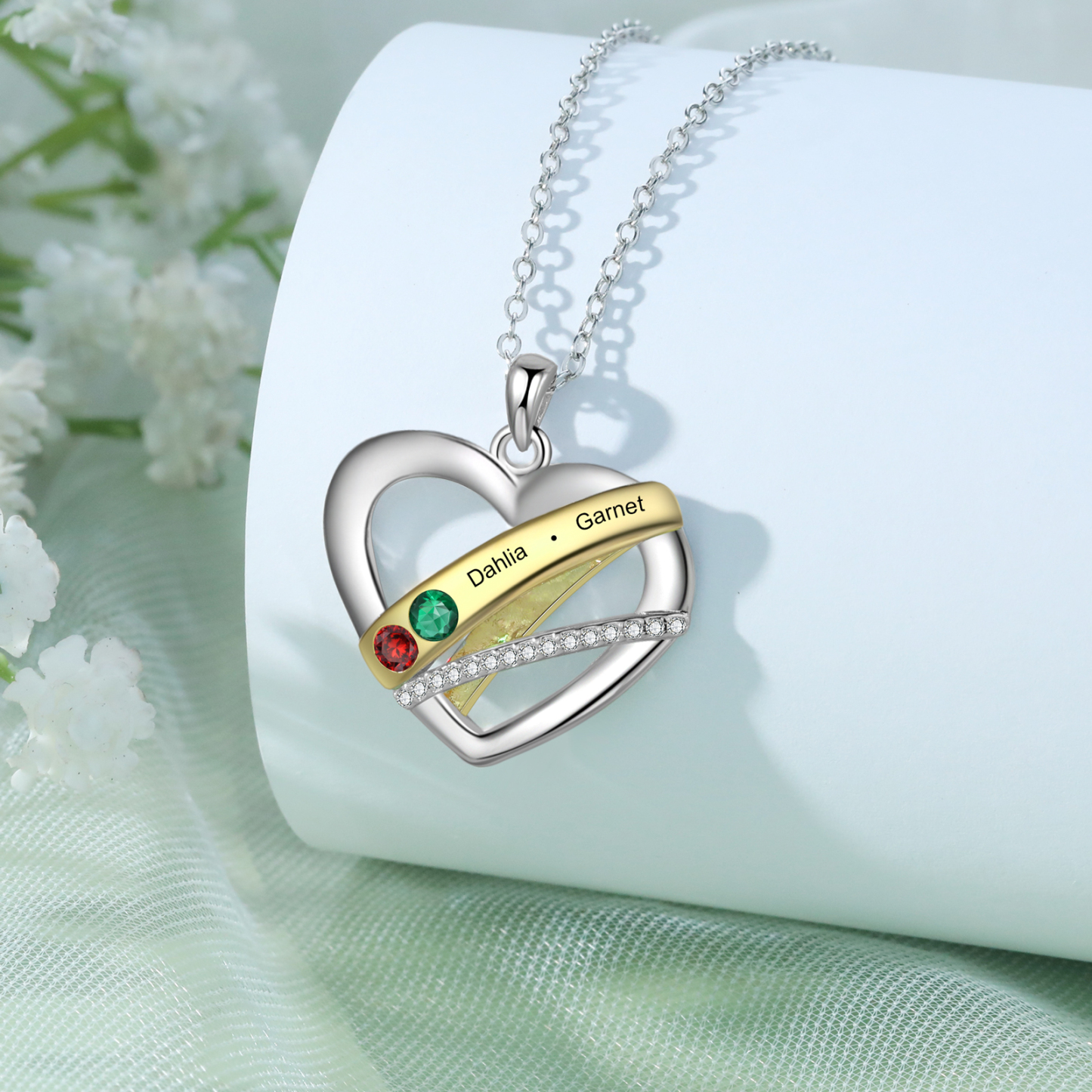 Personalised Heart Necklace Customized With 2 Birthstones and Engraved With 2 Names Jewelry Necklace for Nan | Jessmade