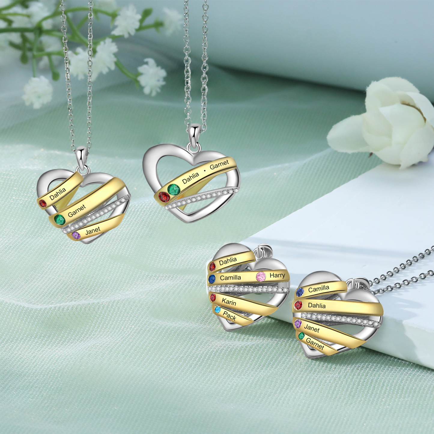 Personalised Heart Necklace Customized With 2 Birthstones and Engraved With 2 Names Jewelry Necklace for Nan | Jessmade