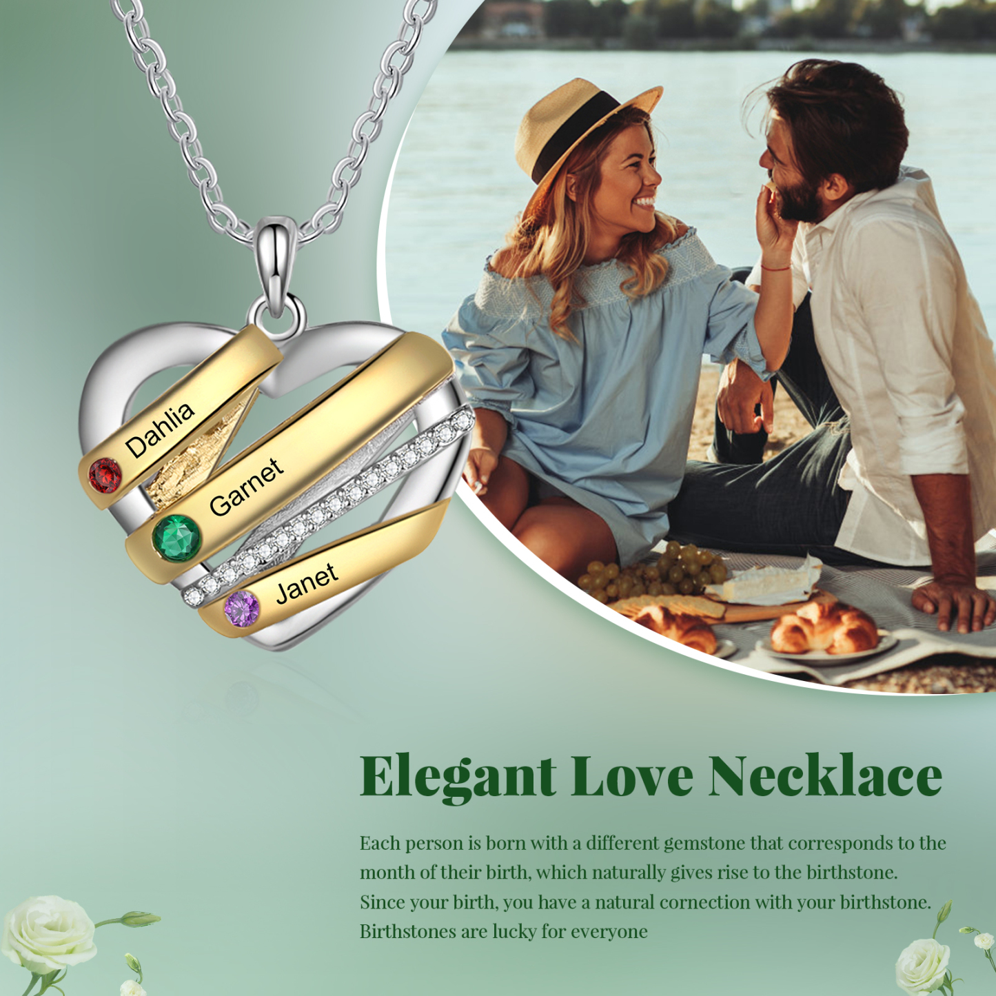 Personalised Heart Necklace Customized With 3 Birthstones and Engraved With 3 Names Jewelry Necklace for Nan | Jessmade