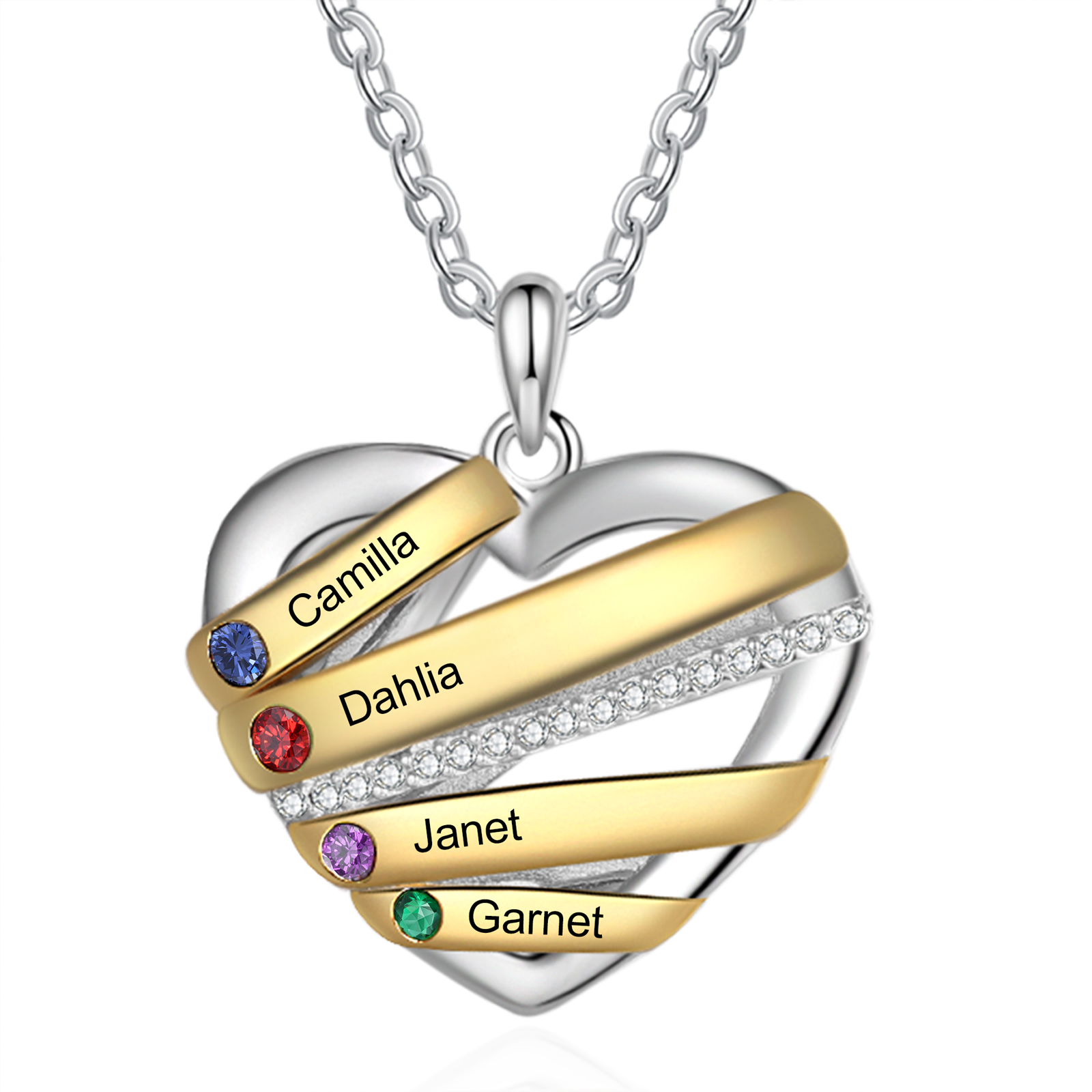 Personalised Heart Necklace Customized With 4 Birthstones and Engraved With 4 Names Jewelry Necklace for Nan | Jessmade
