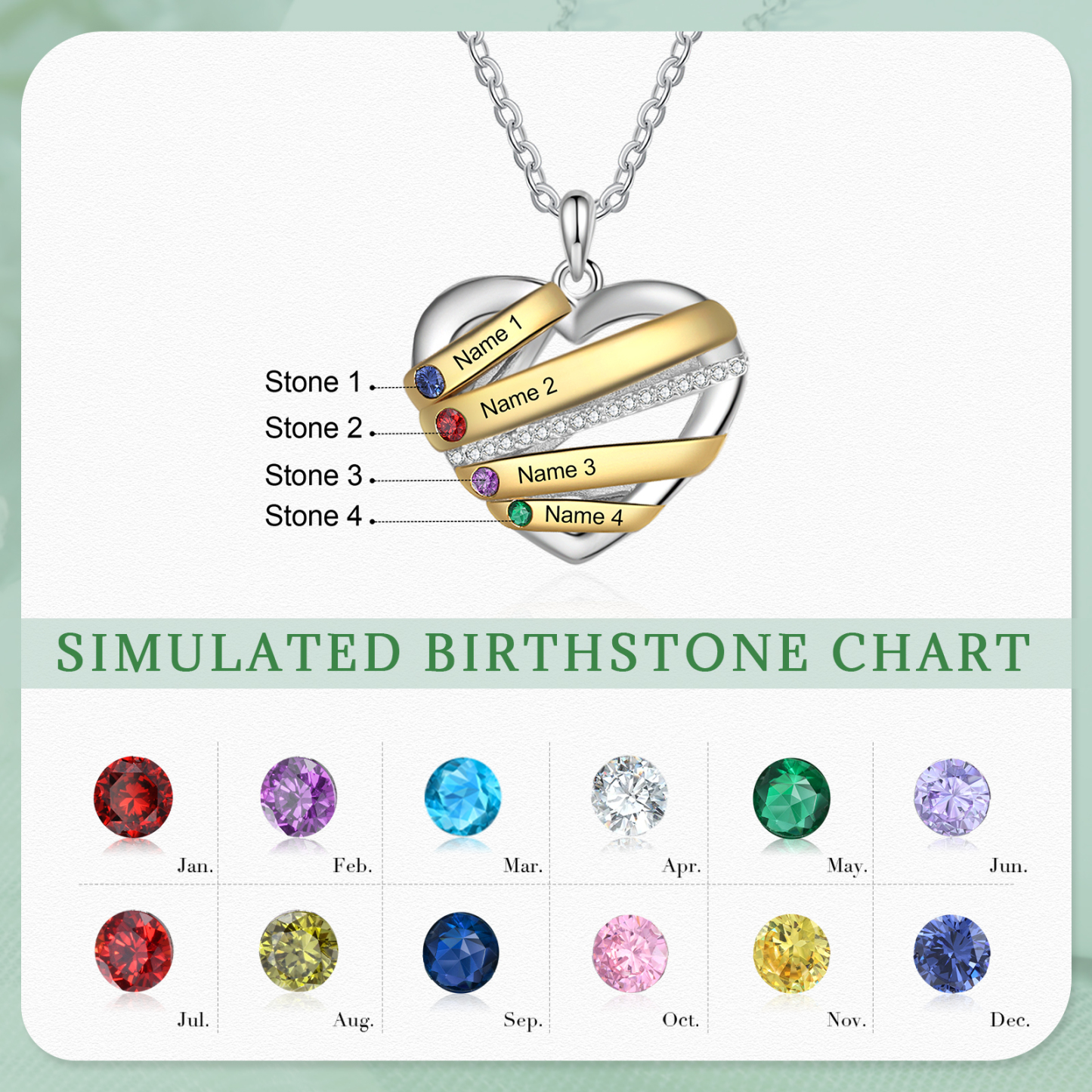 Personalised Heart Necklace Customized With 4 Birthstones and Engraved With 4 Names Jewelry Necklace for Nan | Jessmade