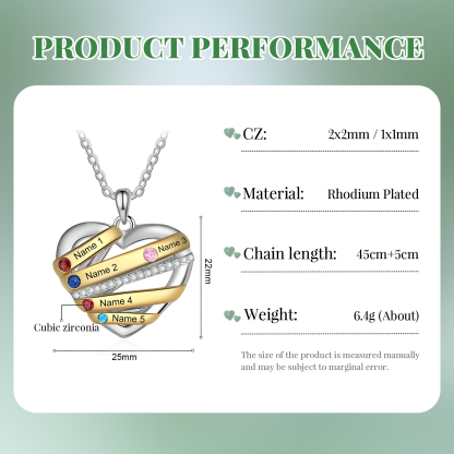 Personalised Heart Necklace Customized With 5 Birthstones and Engraved With 5 Names Jewelry Necklace for Nan | Jessmade