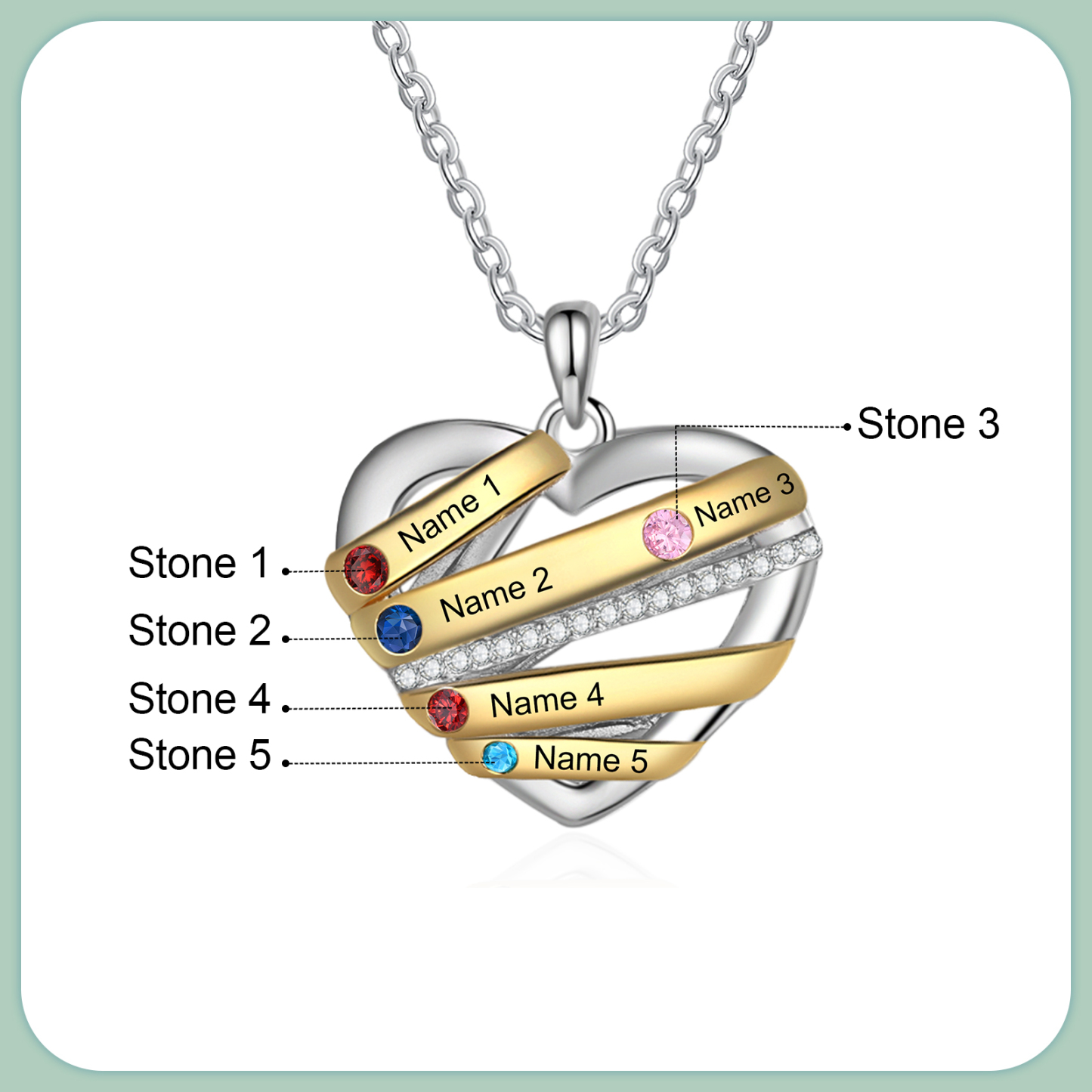 Personalised Heart Necklace Customized With 5 Birthstones and Engraved With 5 Names Jewelry Necklace for Nan | Jessmade