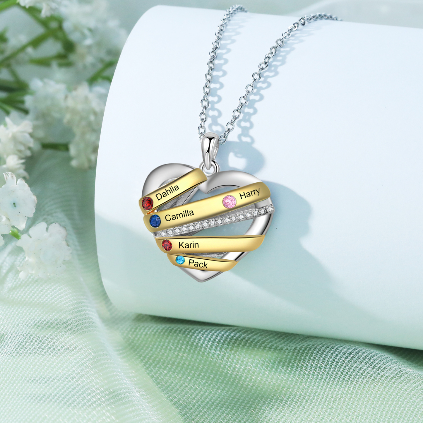 Personalised Heart Necklace Customized With 5 Birthstones and Engraved With 5 Names Jewelry Necklace for Nan | Jessmade