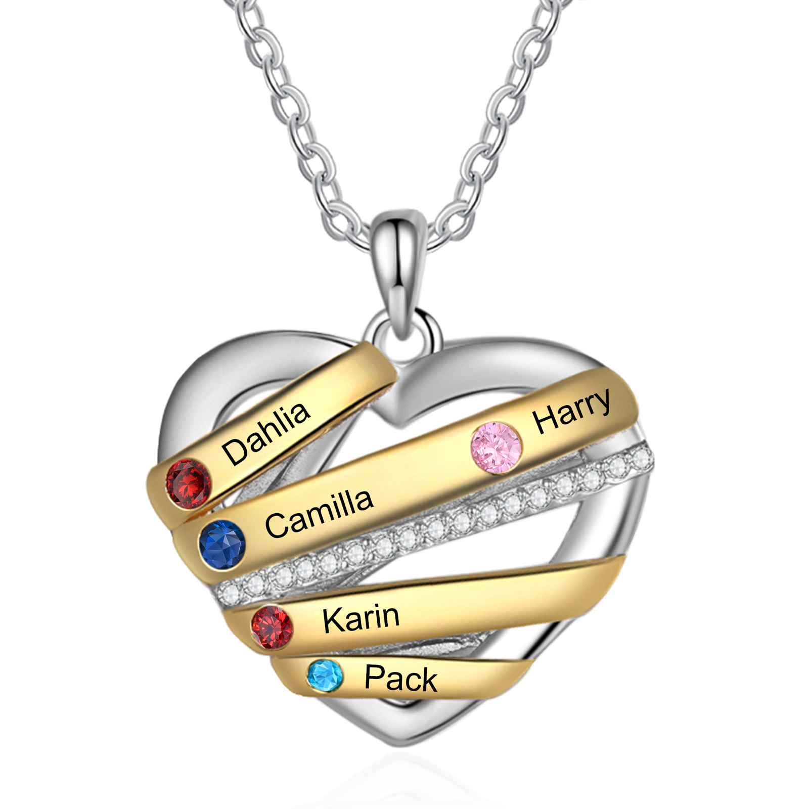 Personalised Heart Necklace Customized With 5 Birthstones and Engraved With 5 Names Jewelry Necklace for Nan | Jessmade