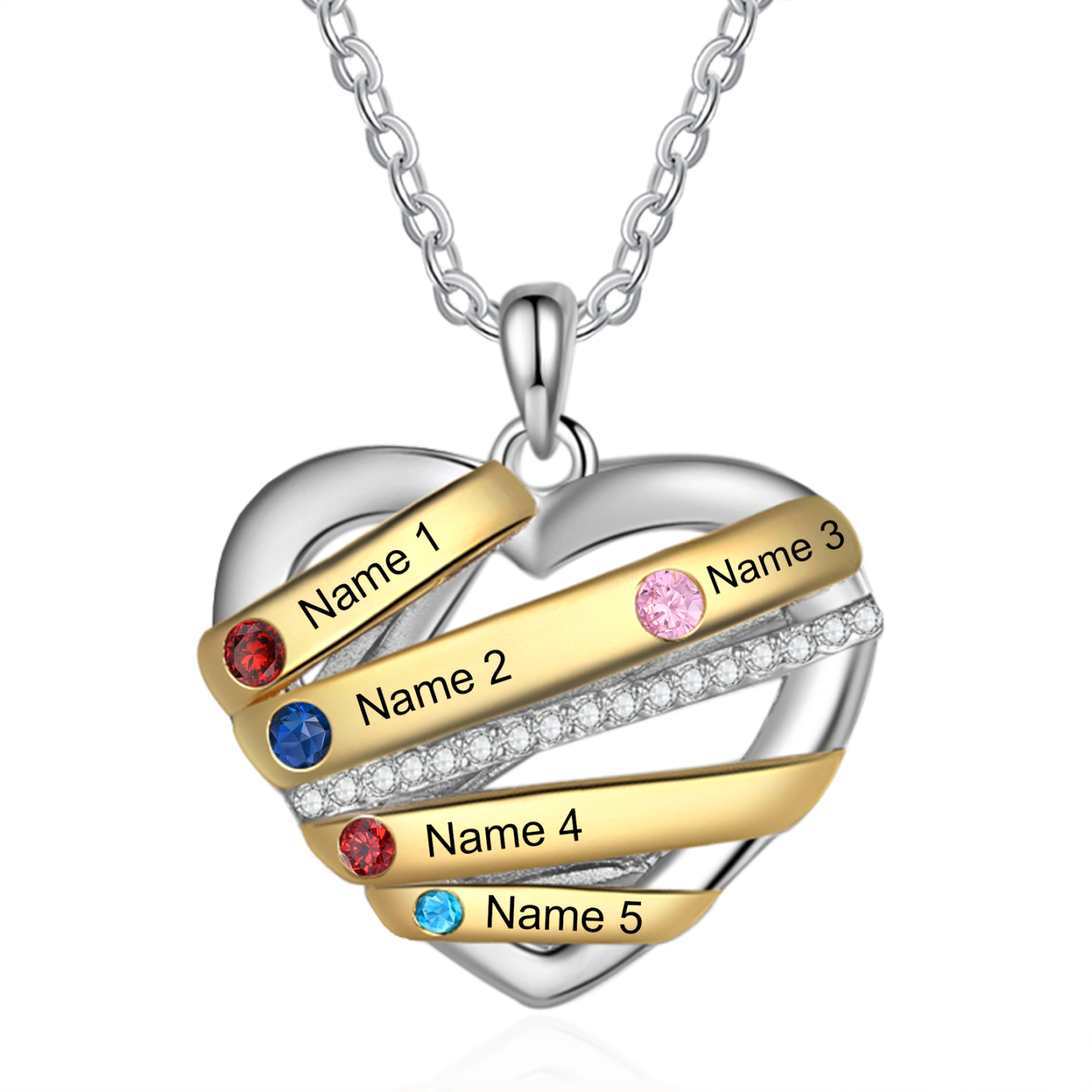 Personalised Heart Necklace Customized With 5 Birthstones and Engraved With 5 Names Jewelry Necklace for Nan | Jessmade