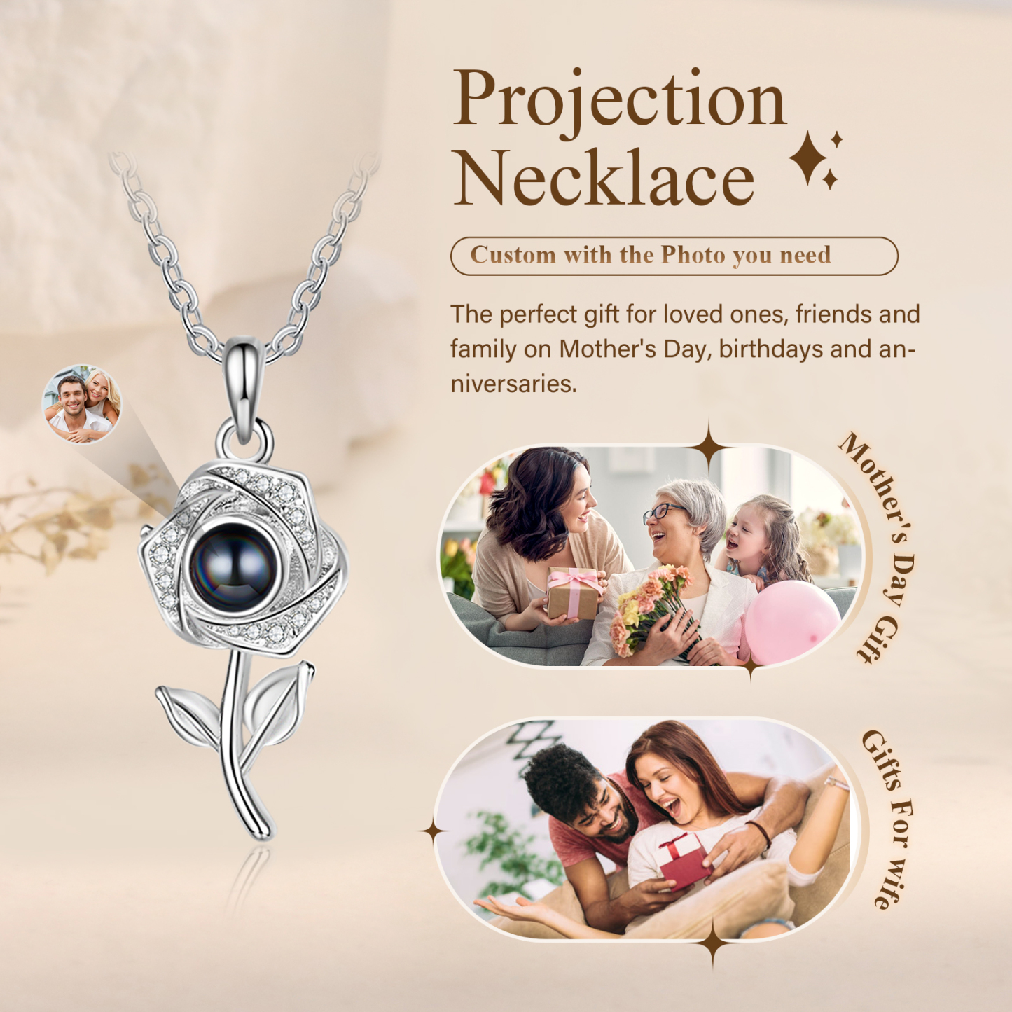 Personalised Rose Projection Necklace with Custom Photo Necklace Gift for Her | Jessmade
