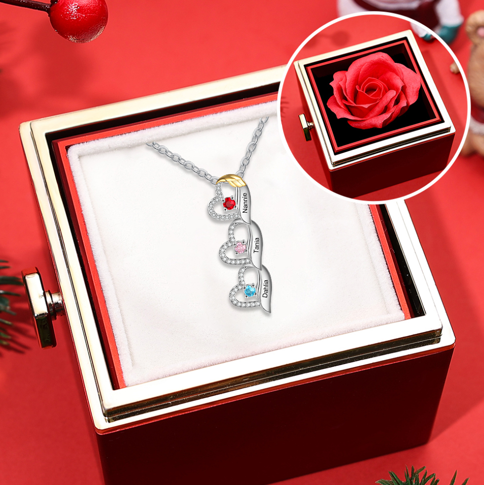 Personalized Heart Necklace, Customized 3 Names and 3 Birthstones Women's Pendant Necklace with Gift Box Gift for Mom/Grandma | Jessemade
