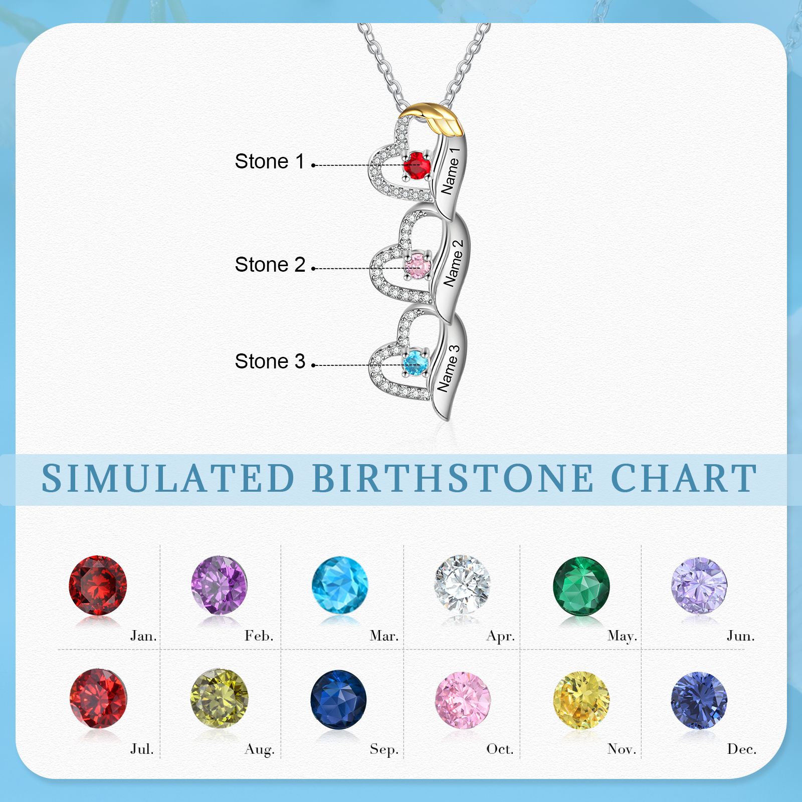 Personalized Heart Necklace, Customized 3 Names and 3 Birthstones Women's Pendant Necklace Gift for Grandma | Jessmade