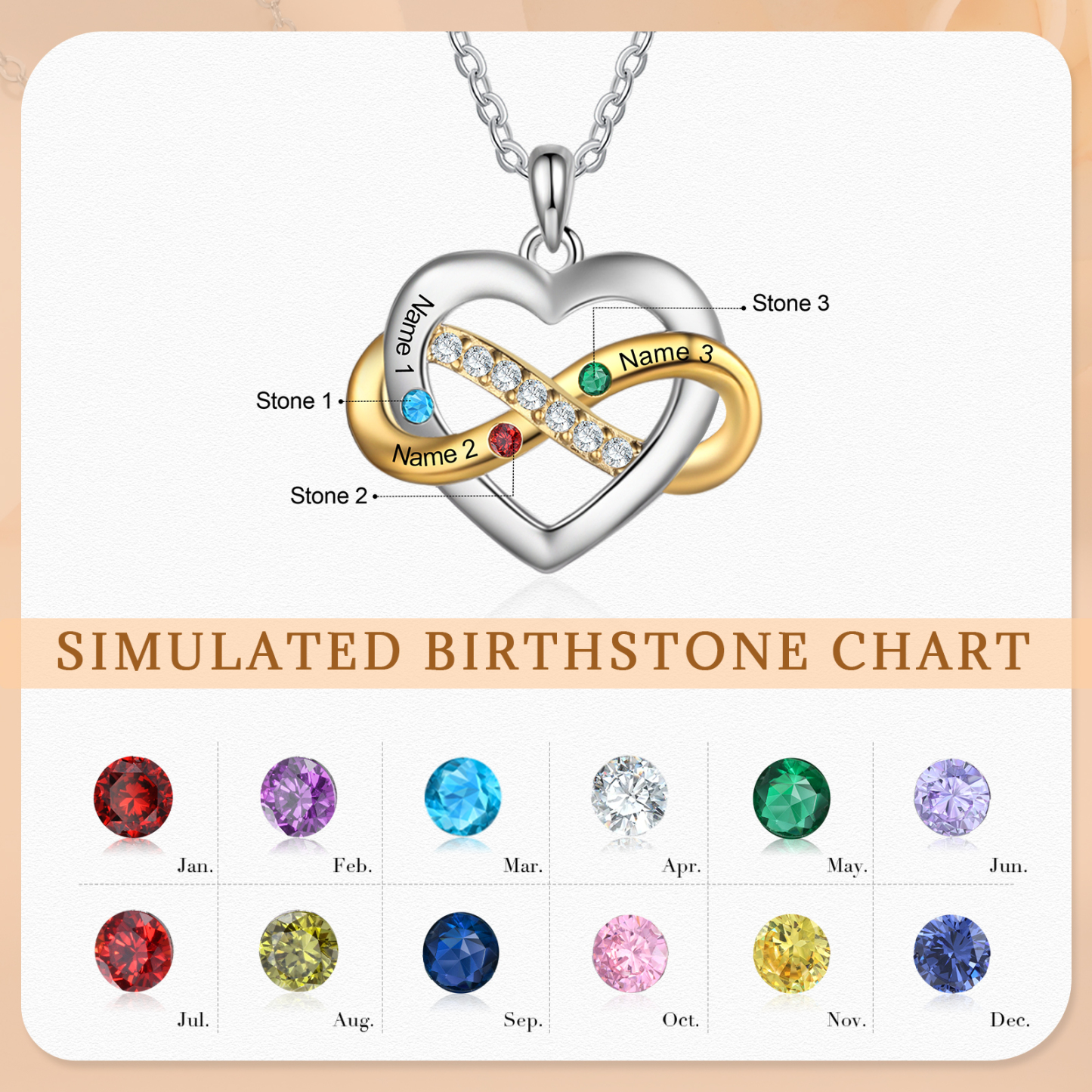 Personalised Love Necklace Customized With 3 Names and 3 Birthstones Women's Necklace Gift for Nan | Jessmade