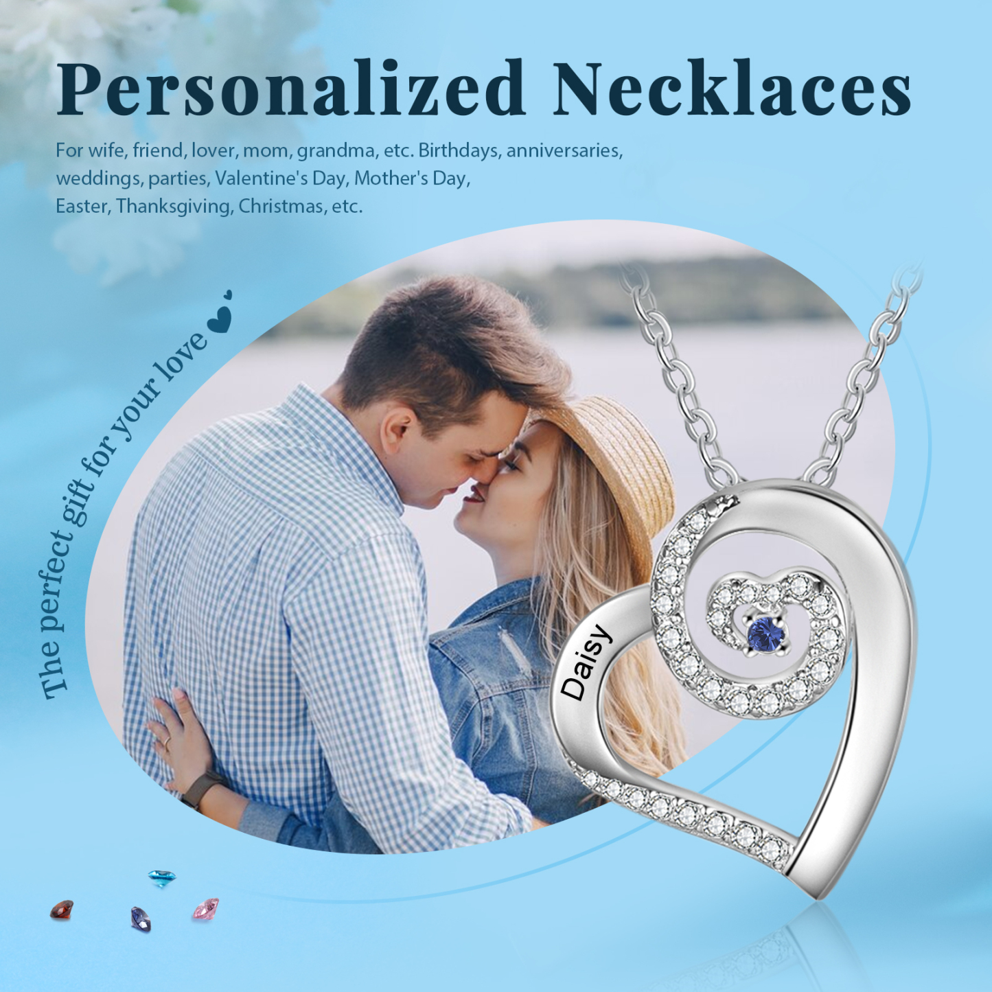 Personalized Heart Necklace Custom 1 Name and 1 Birthstone Women's Stacked Necklace Gift for Grandma | Jessmade