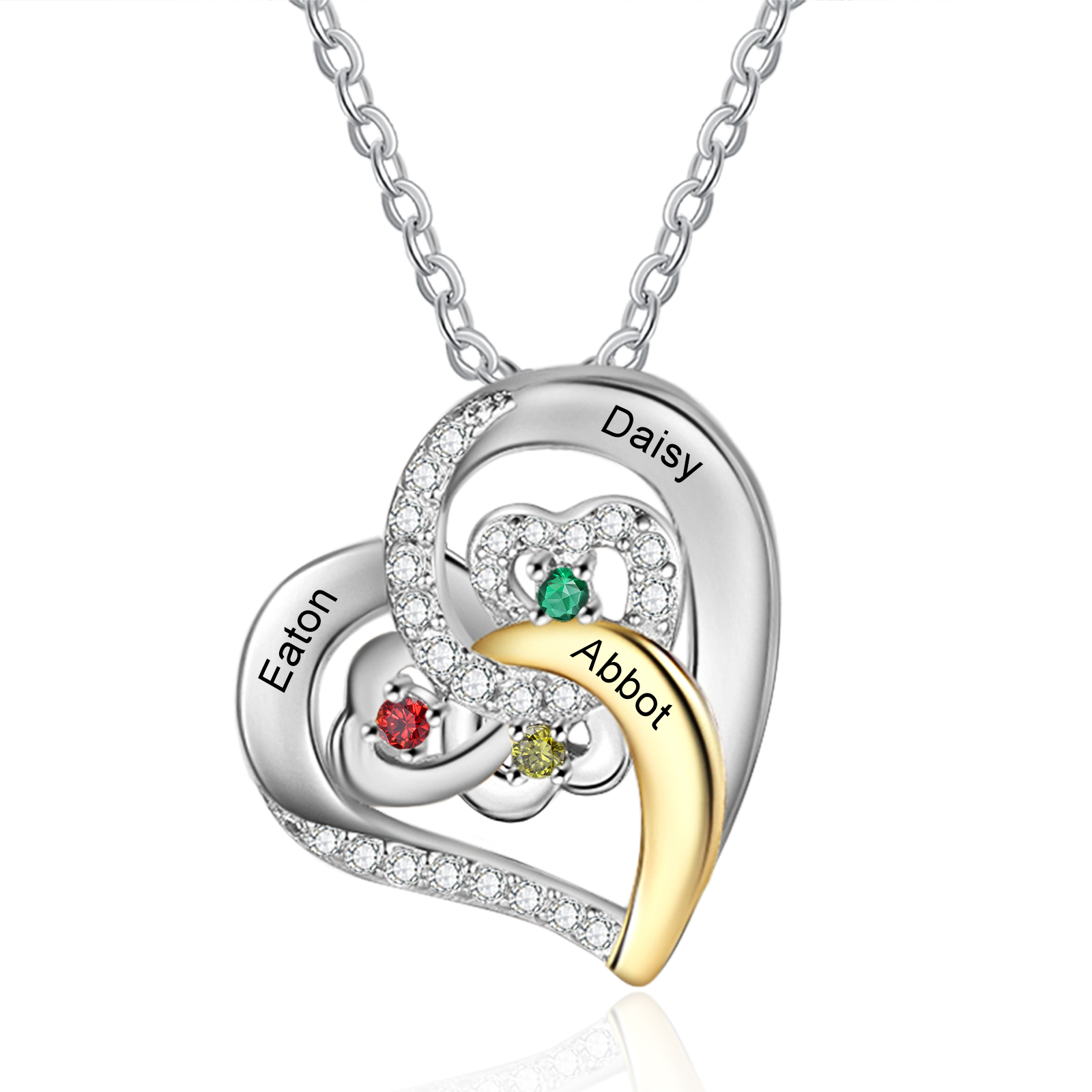 Personalized Heart Necklace Custom 3 Names and 3 Birthstones Women's Stacked Necklace Gift for Grandma | Jessmade