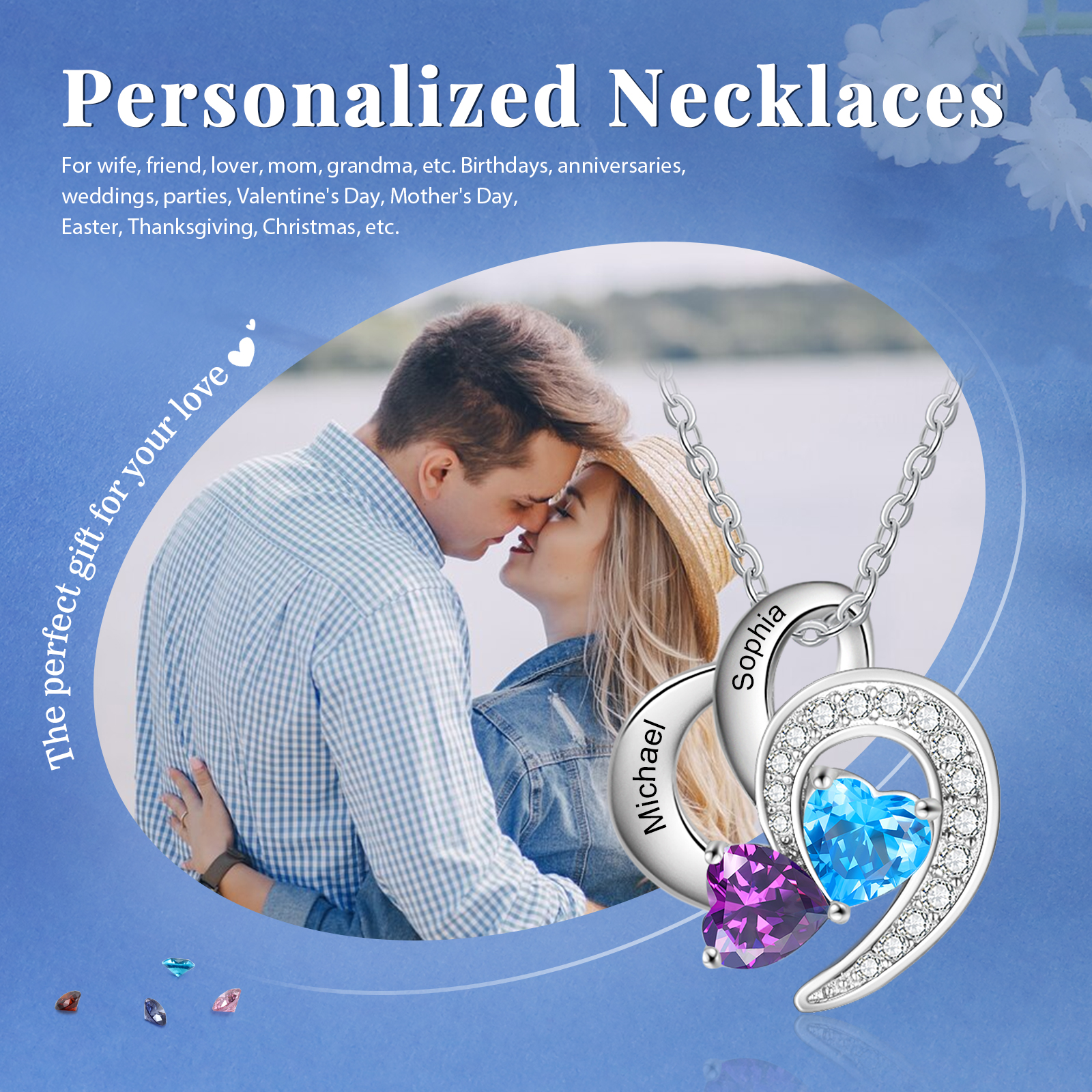 Personalised Heart Shaped Necklace Customized With 2 Names and 2 Birthstones Necklace for Nan | Jessmade