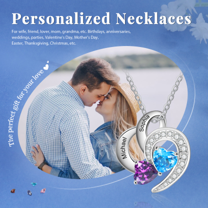 Personalised Heart Shaped Necklace Customized With 2 Names and 2 Birthstones Necklace for Nan | Jessmade