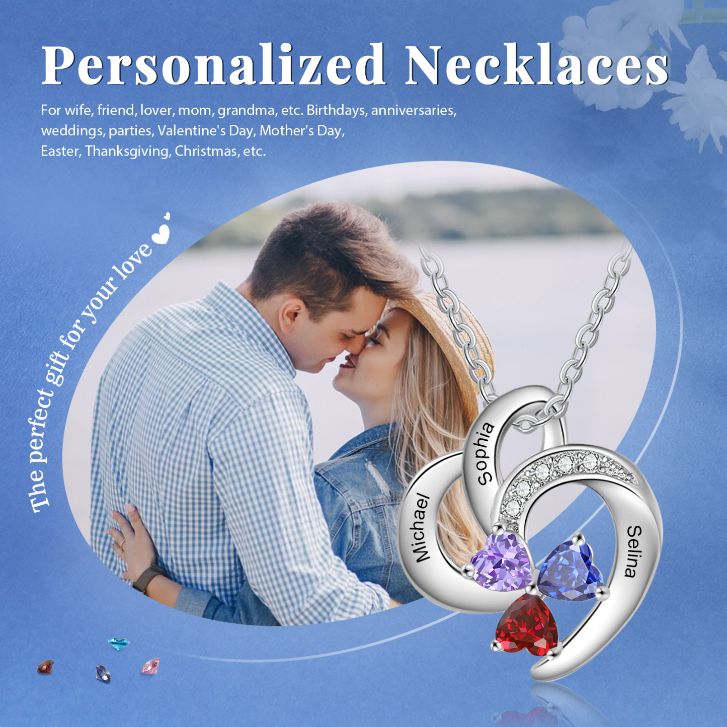 Personalised Heart Shaped Necklace Customized With 3 Names and 3 Birthstones Necklace for Nan | Jessmade