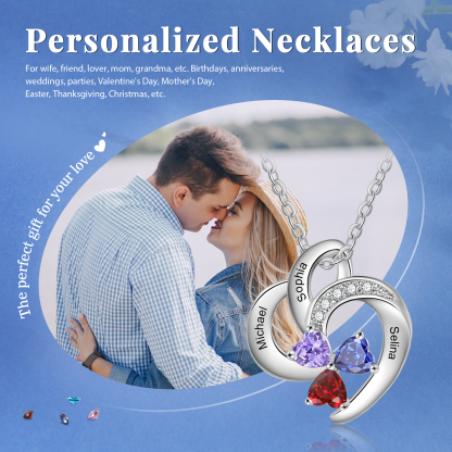 Personalised Heart Shaped Necklace Customized With 3 Names and 3 Birthstones Necklace for Nan | Jessmade