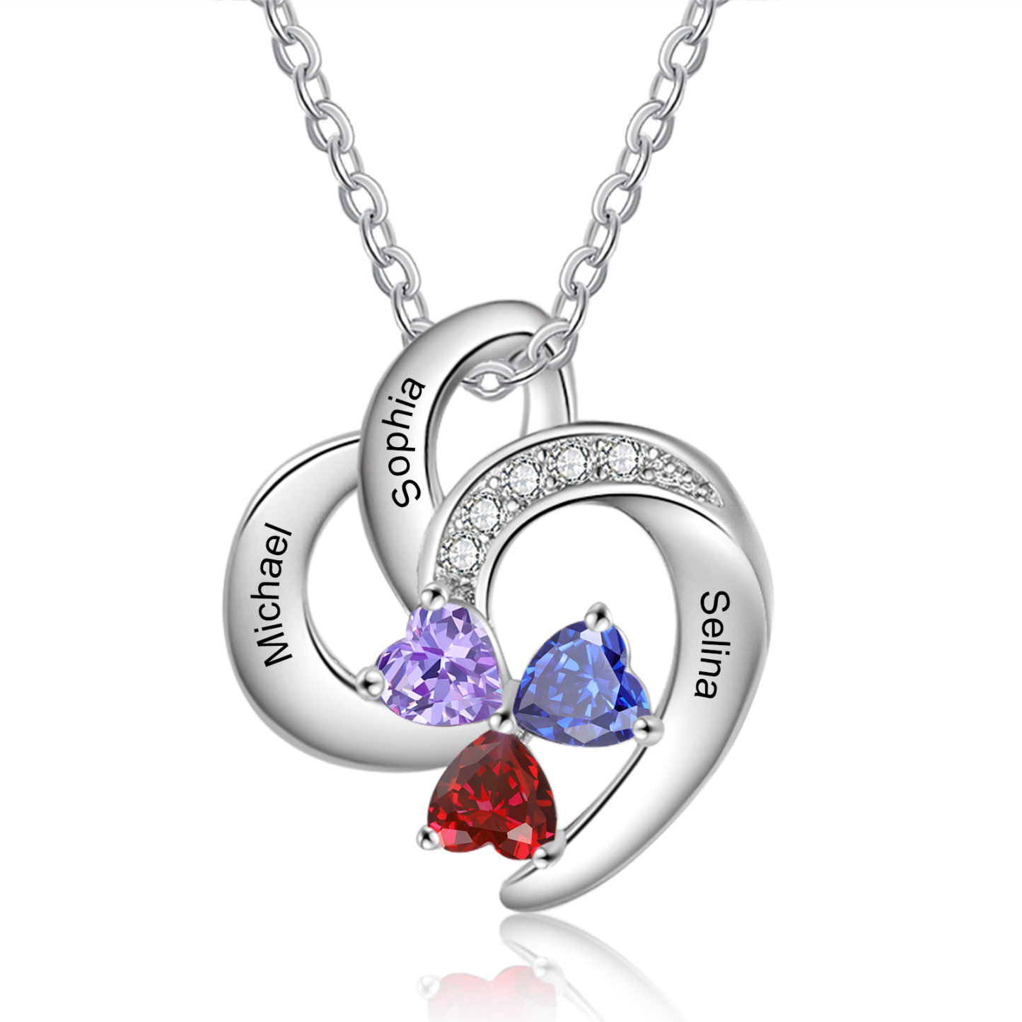 Personalised Heart Shaped Necklace Customized With 3 Names and 3 Birth