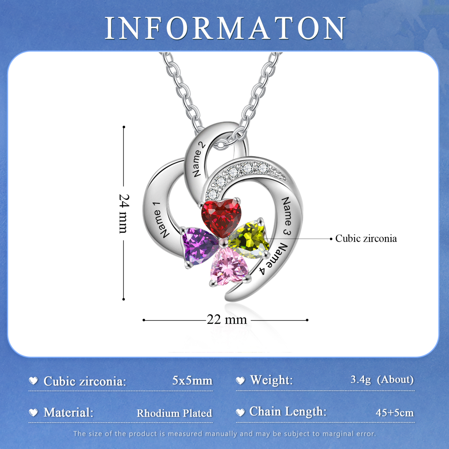 Personalised Heart Shaped Necklace Customized With 4 Names and 4 Birthstones Necklace for Nan | Jessmade