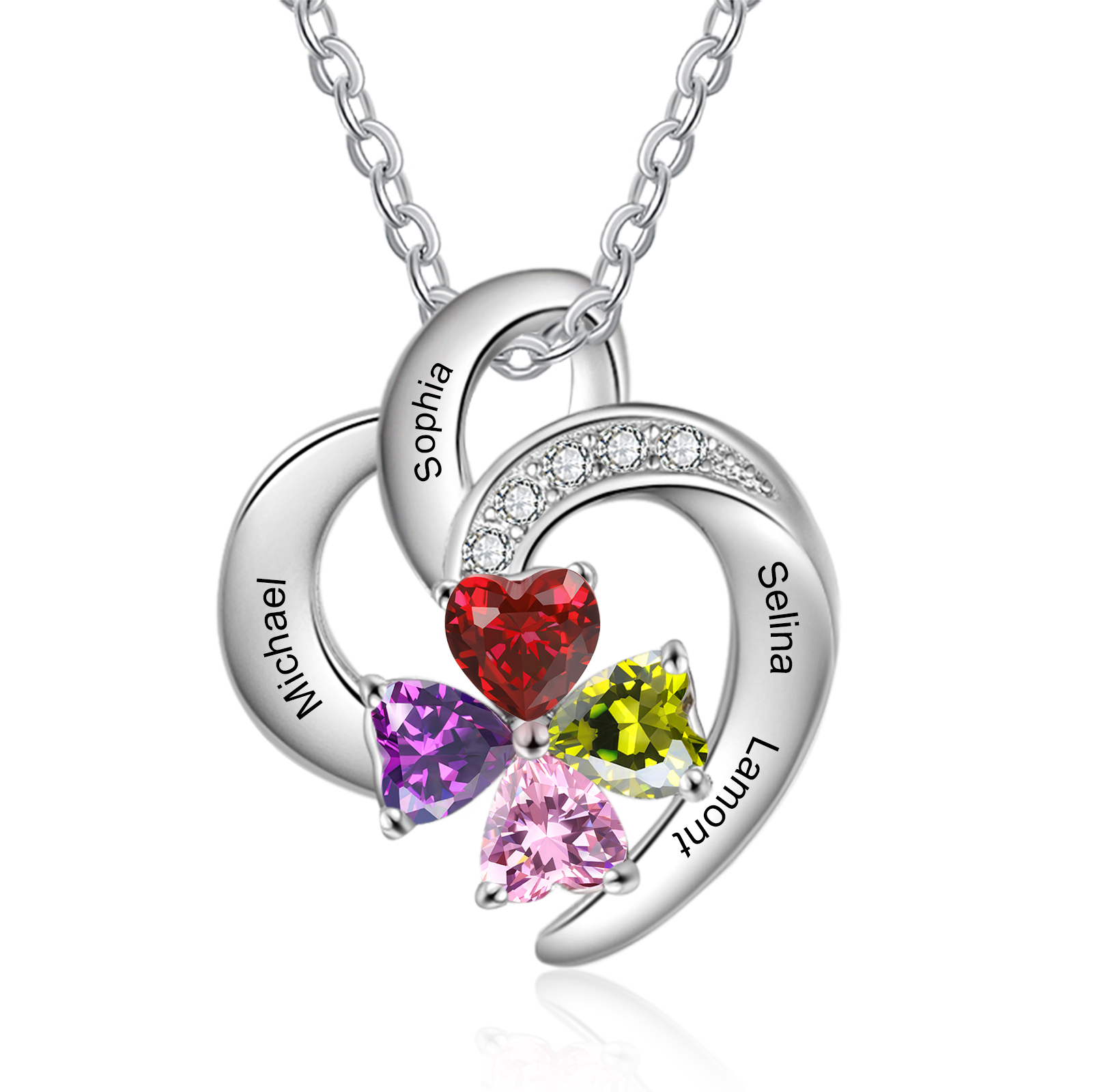 Personalised Heart Shaped Necklace Customized With 4 Names and 4 Birthstones Necklace for Nan | Jessmade