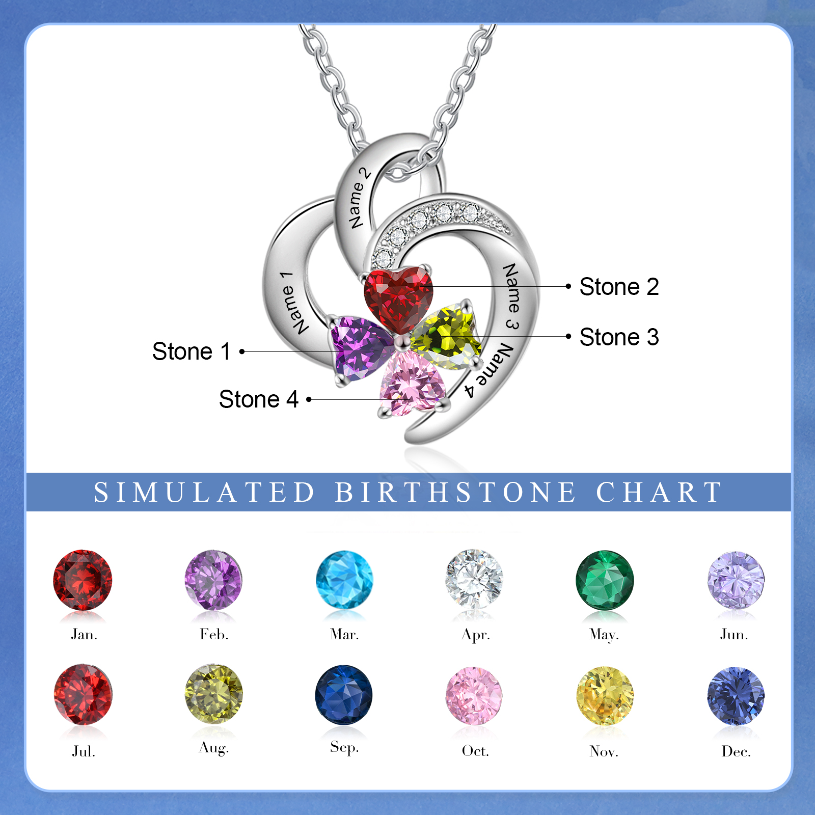 Personalised Heart Shaped Necklace Customized With 4 Names and 4 Birthstones Necklace for Nan | Jessmade