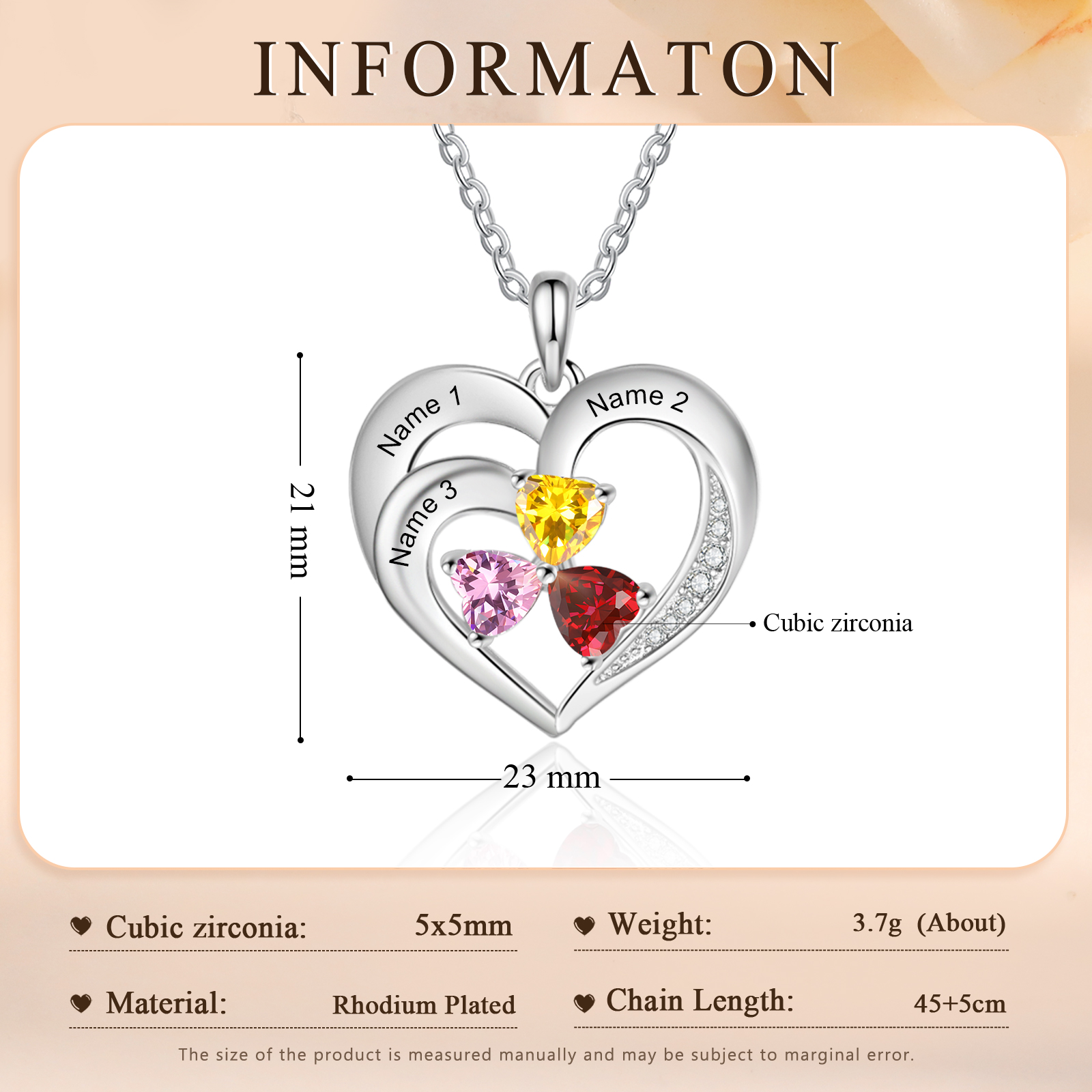 Personalised Jewelry Custom Heart-shaped Necklace With 3 Names and 3 Birthstones for Nan | Jessmade