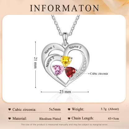 Personalised Jewelry Custom Heart-shaped Necklace With 3 Names and 3 Birthstones for Nan | Jessmade