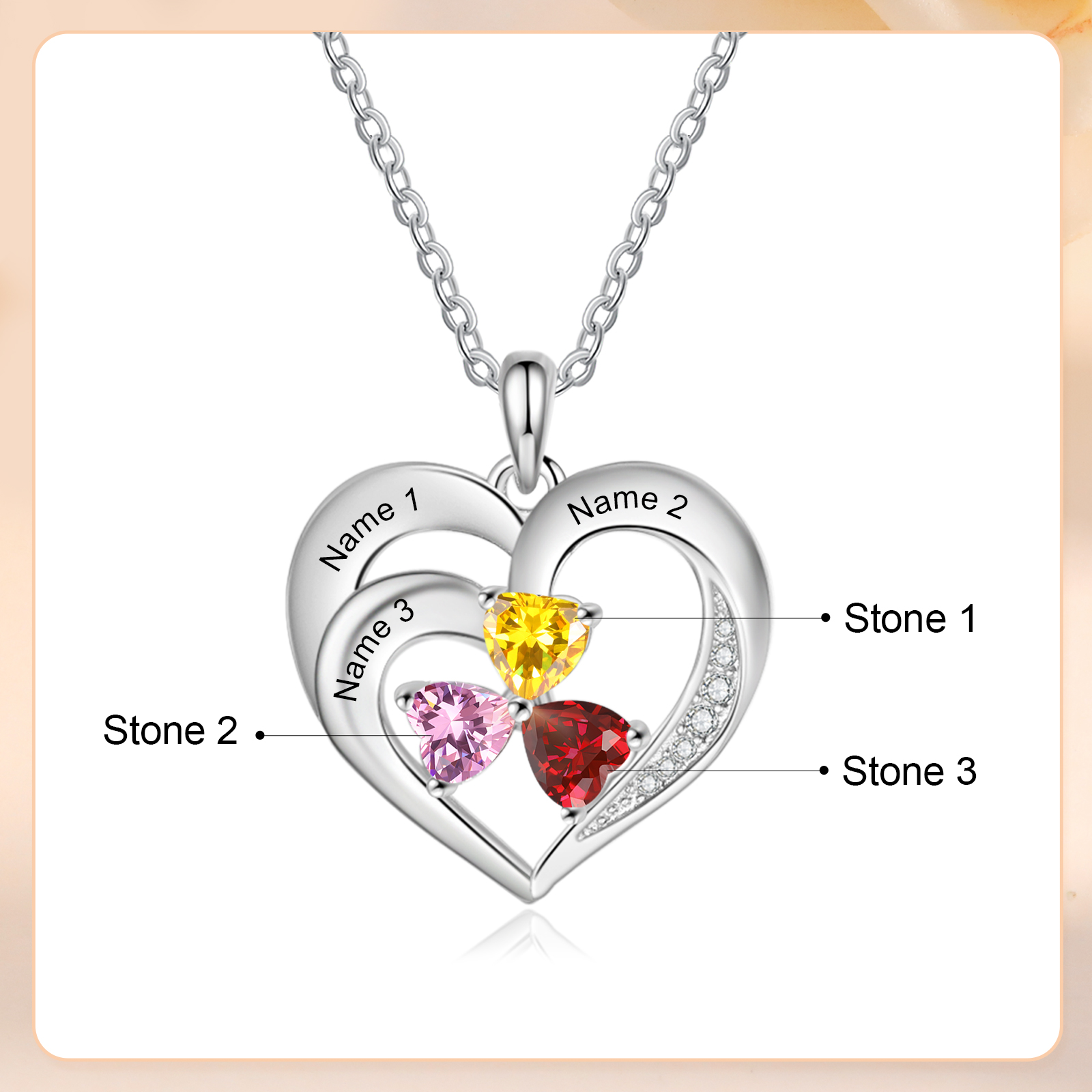 Personalised Jewelry Custom Heart-shaped Necklace With 3 Names and 3 Birthstones for Nan | Jessmade