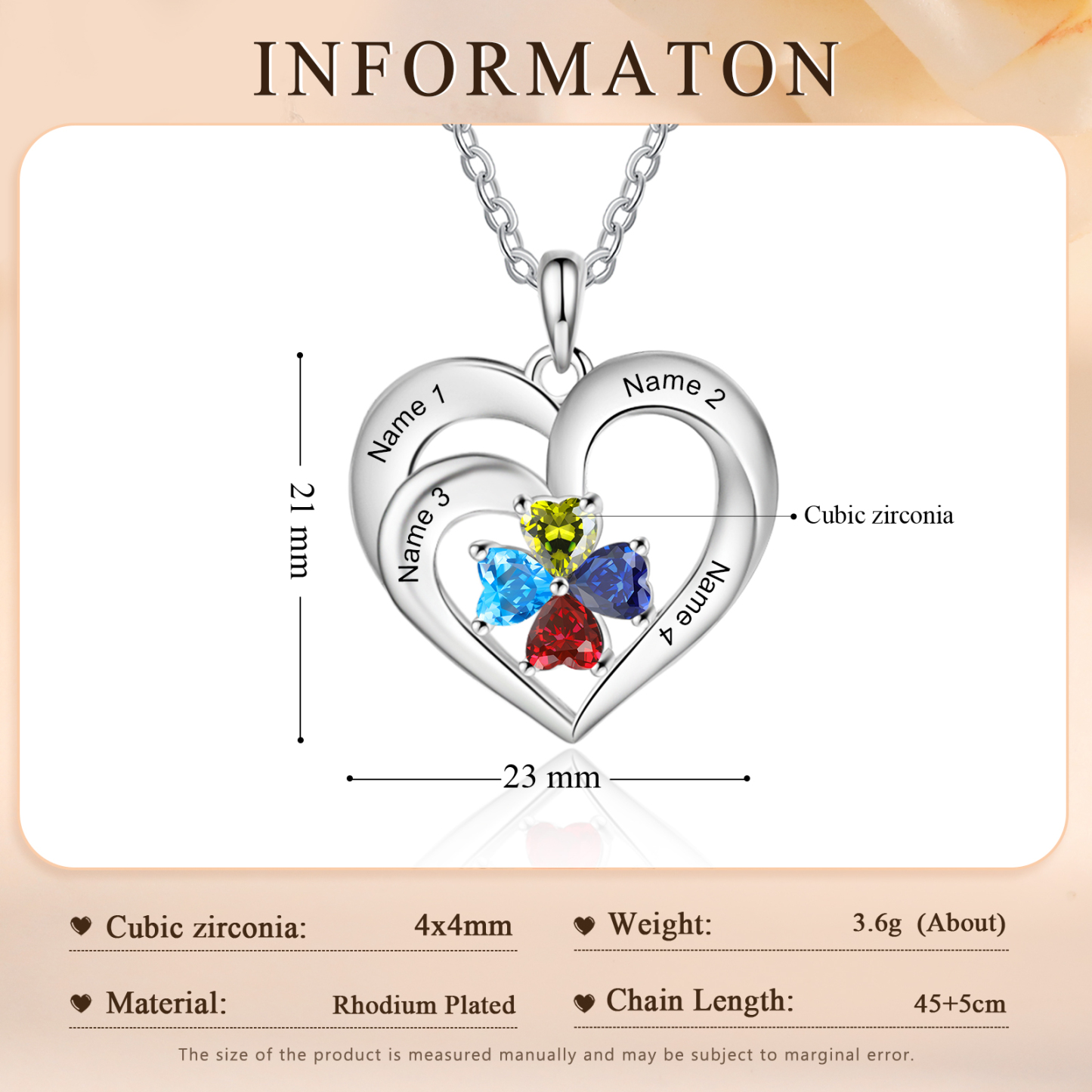 Personalised Jewelry Custom Heart-shaped Necklace With 4 Names and 4 Birthstones for Nan | Jessmade